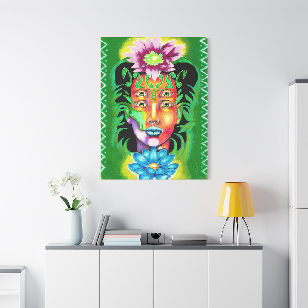 Psychedelic Four-Eyed Face Floral Canvas Art — Vibrant Surreal Wall Decor
