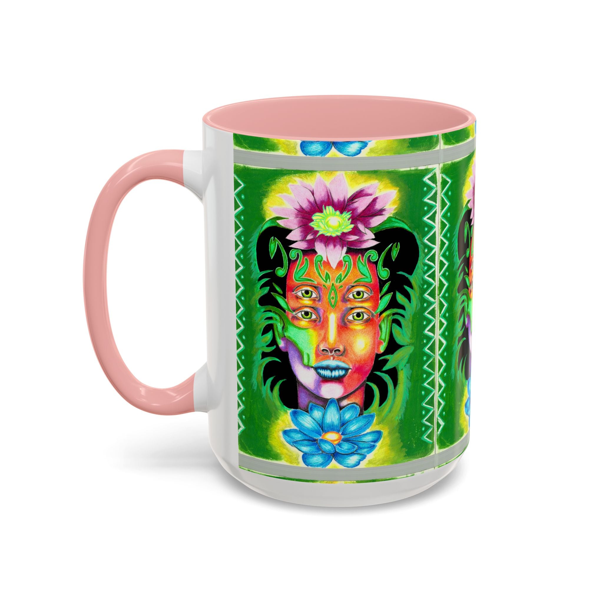 Psychedelic Floral Face Accent Coffee Mug — Colorful Spiritual Art 11/15oz