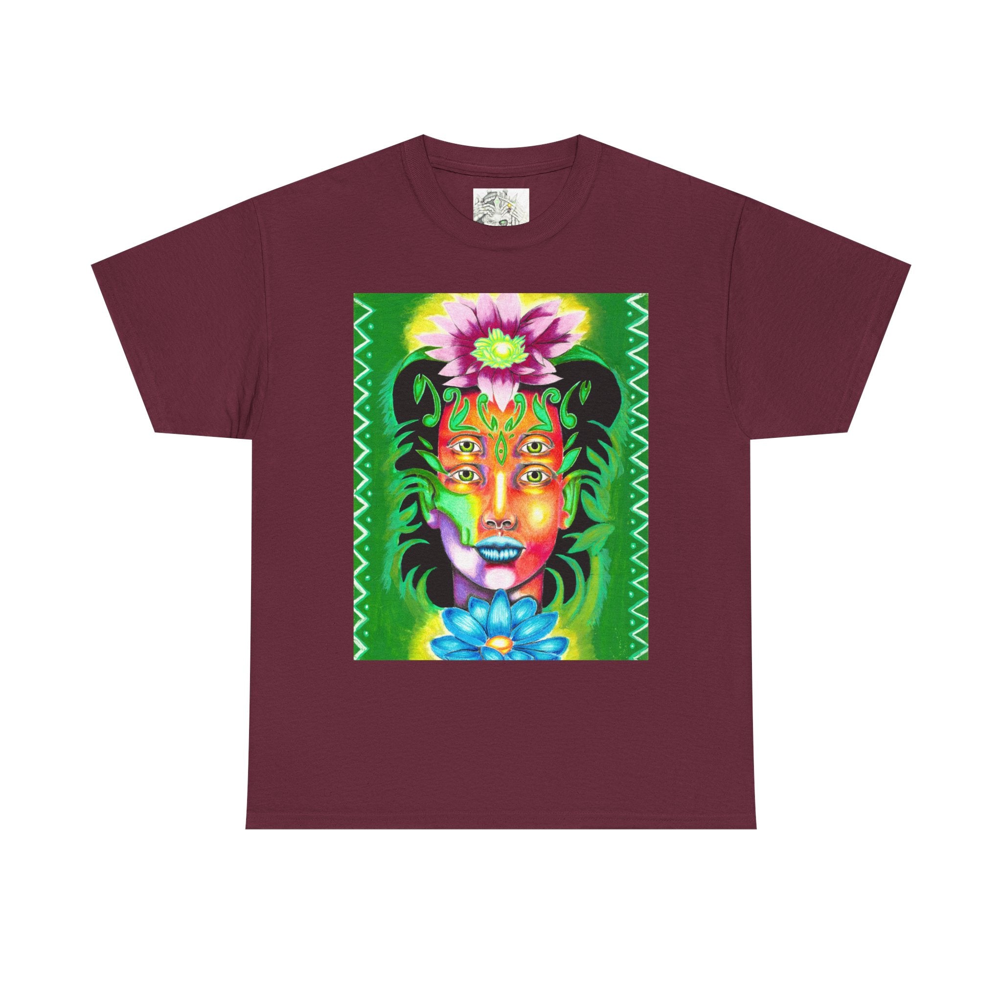Psychedelic Floral Face Tee — Vibrant Neon Botanical Portrait T-Shirt