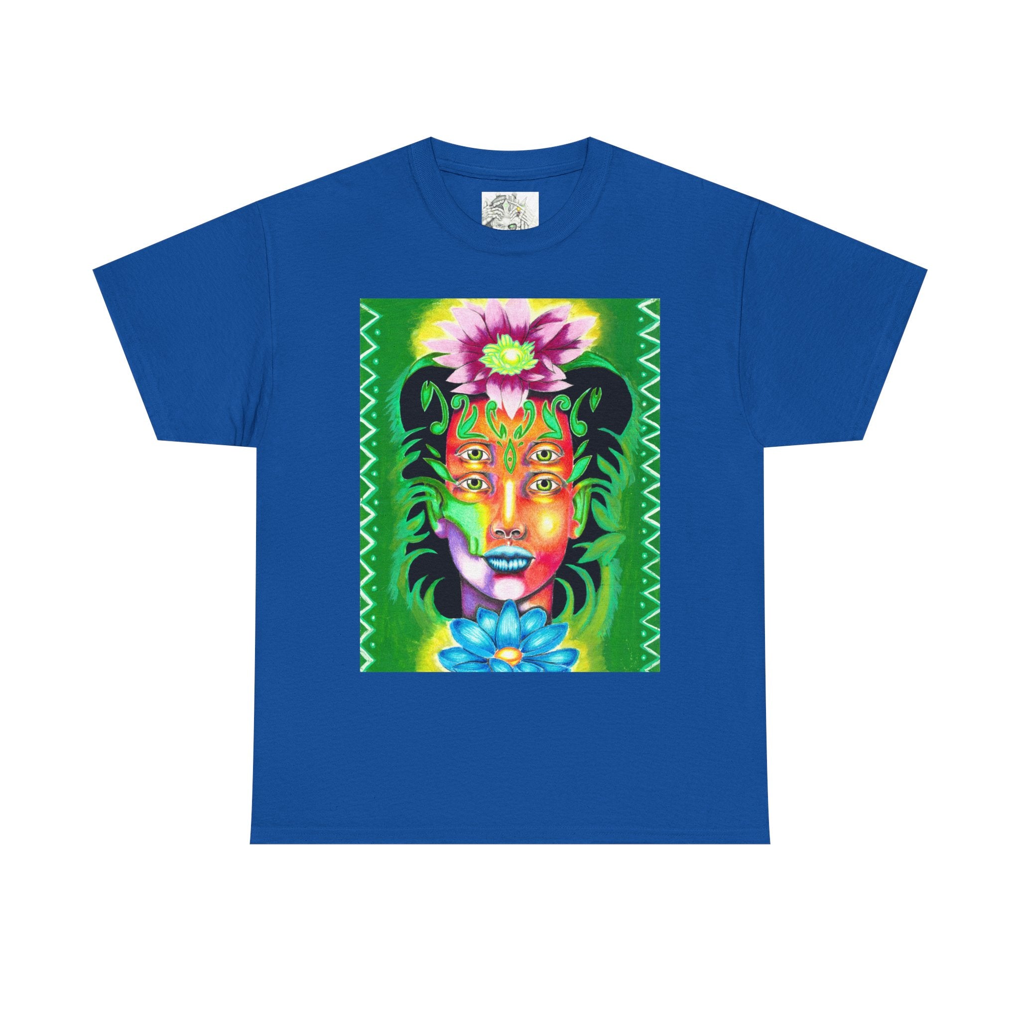 Psychedelic Floral Face Tee — Vibrant Neon Botanical Portrait T-Shirt