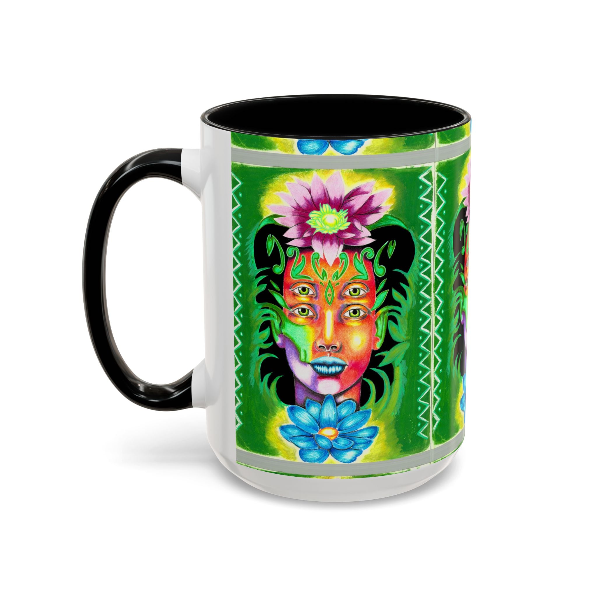 Psychedelic Floral Face Accent Coffee Mug — Colorful Spiritual Art 11/15oz