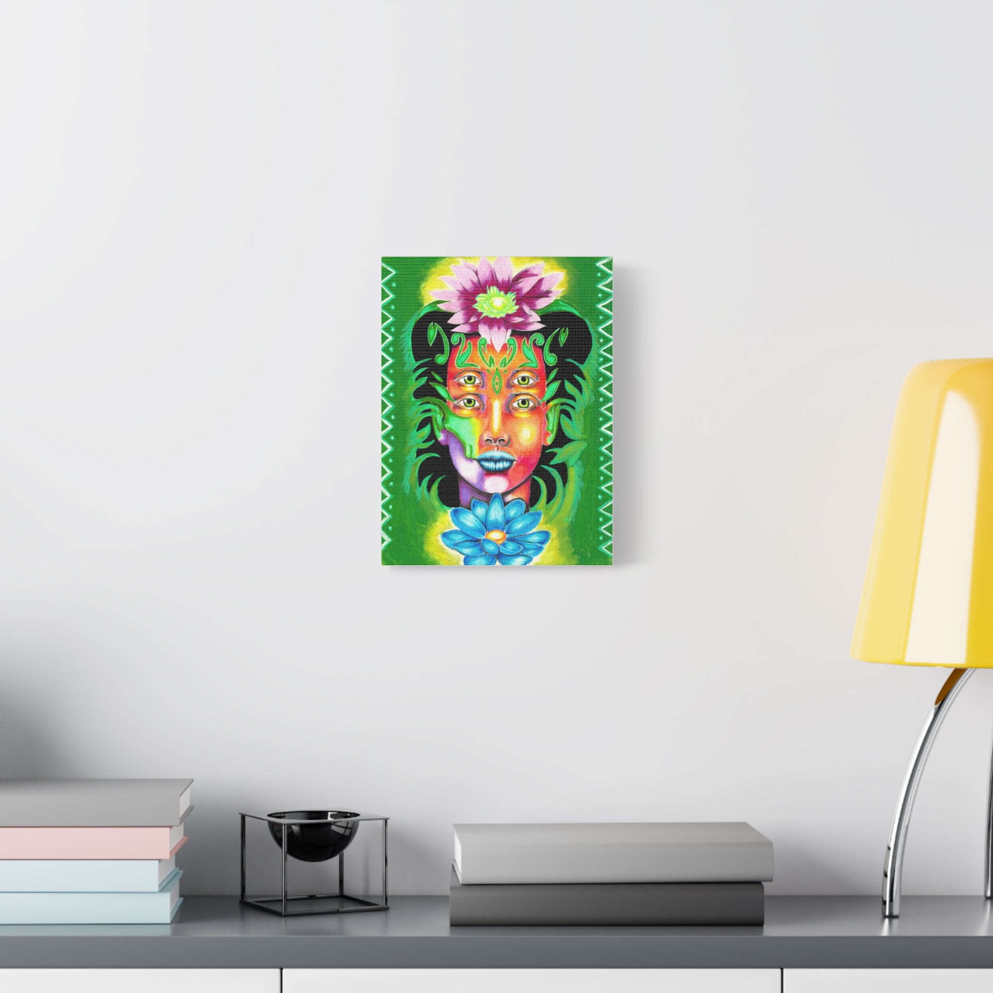 Psychedelic Four-Eyed Face Floral Canvas Art — Vibrant Surreal Wall Decor