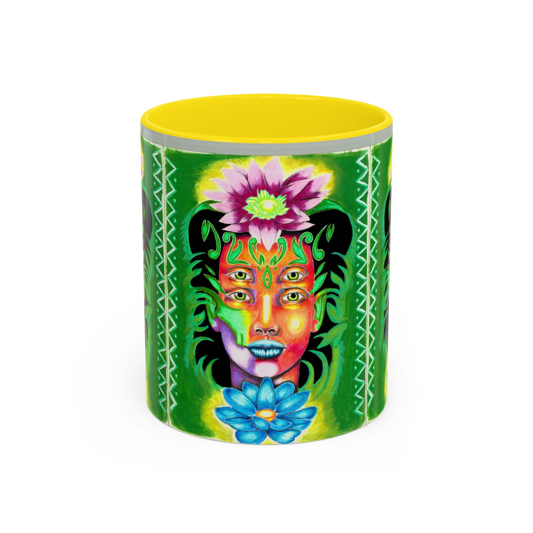 Psychedelic Floral Face Accent Coffee Mug — Colorful Spiritual Art 11/15oz