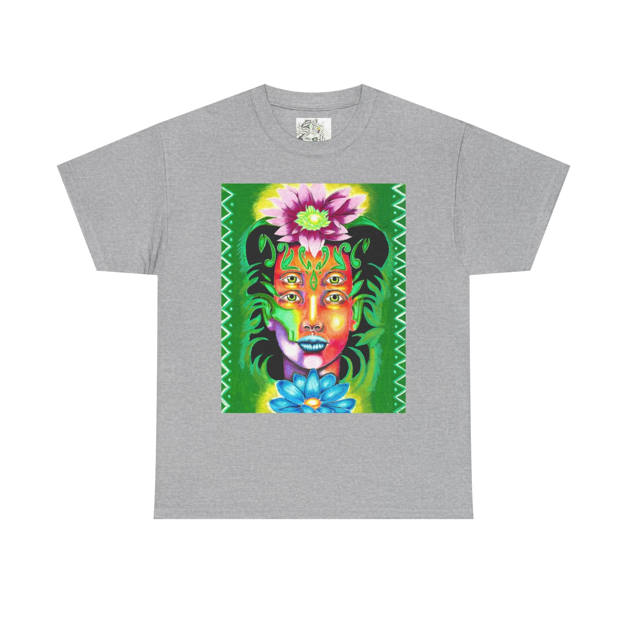 Psychedelic Floral Face Tee — Vibrant Neon Botanical Portrait T-Shirt