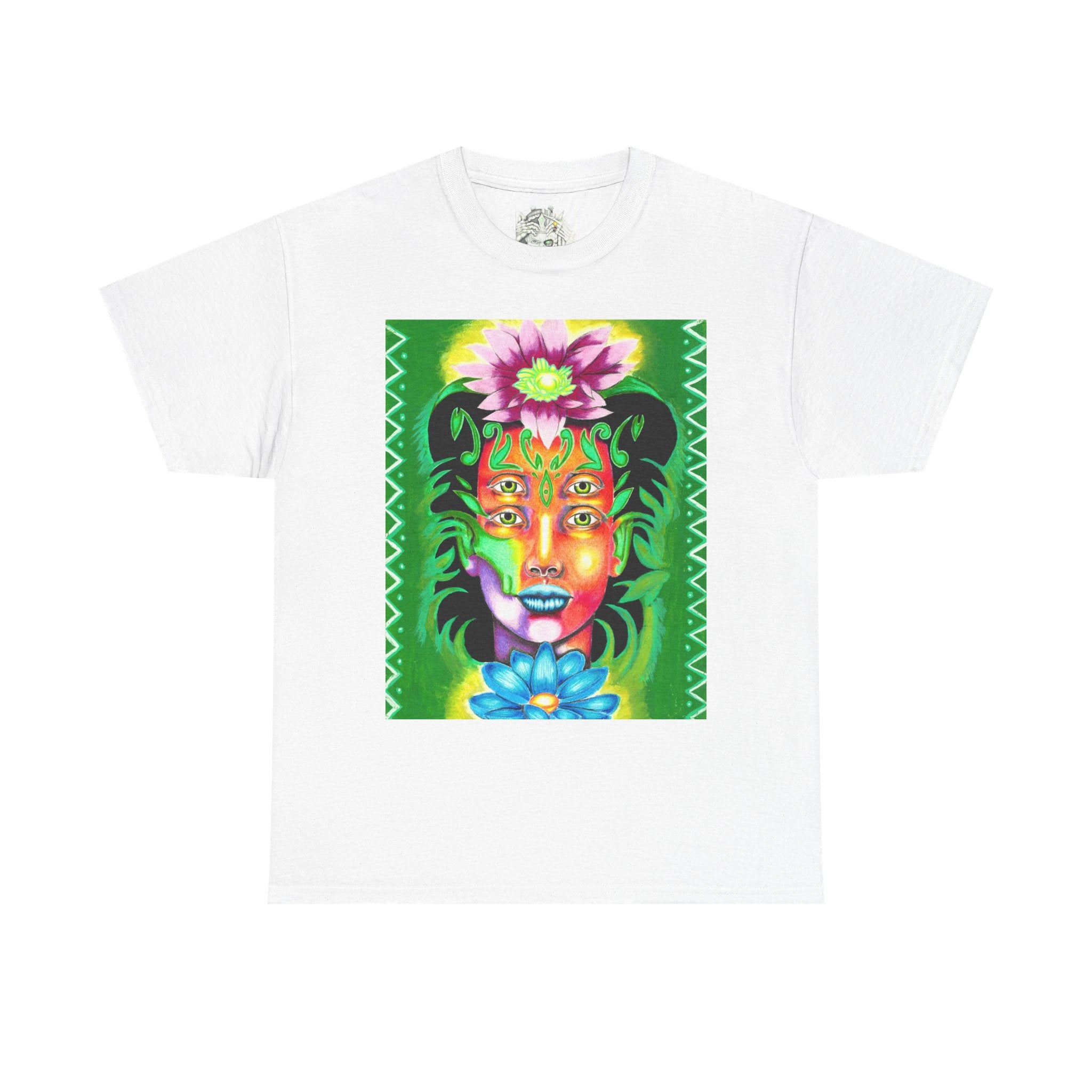 Psychedelic Floral Face Tee — Vibrant Neon Botanical Portrait T-Shirt