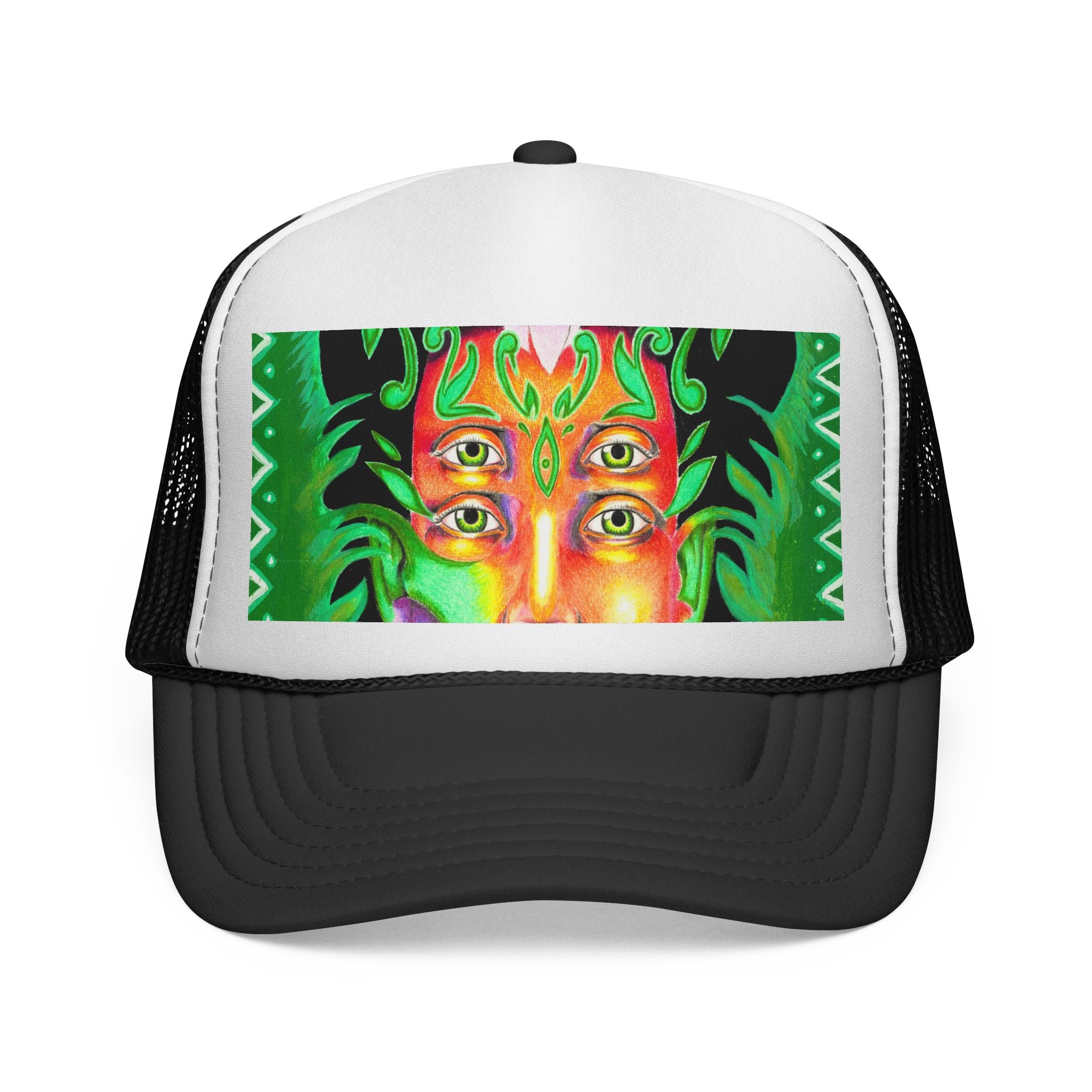 Psychedelic Green Four-Eyed Trucker Cap — Vibrant Festival & Rave Hat