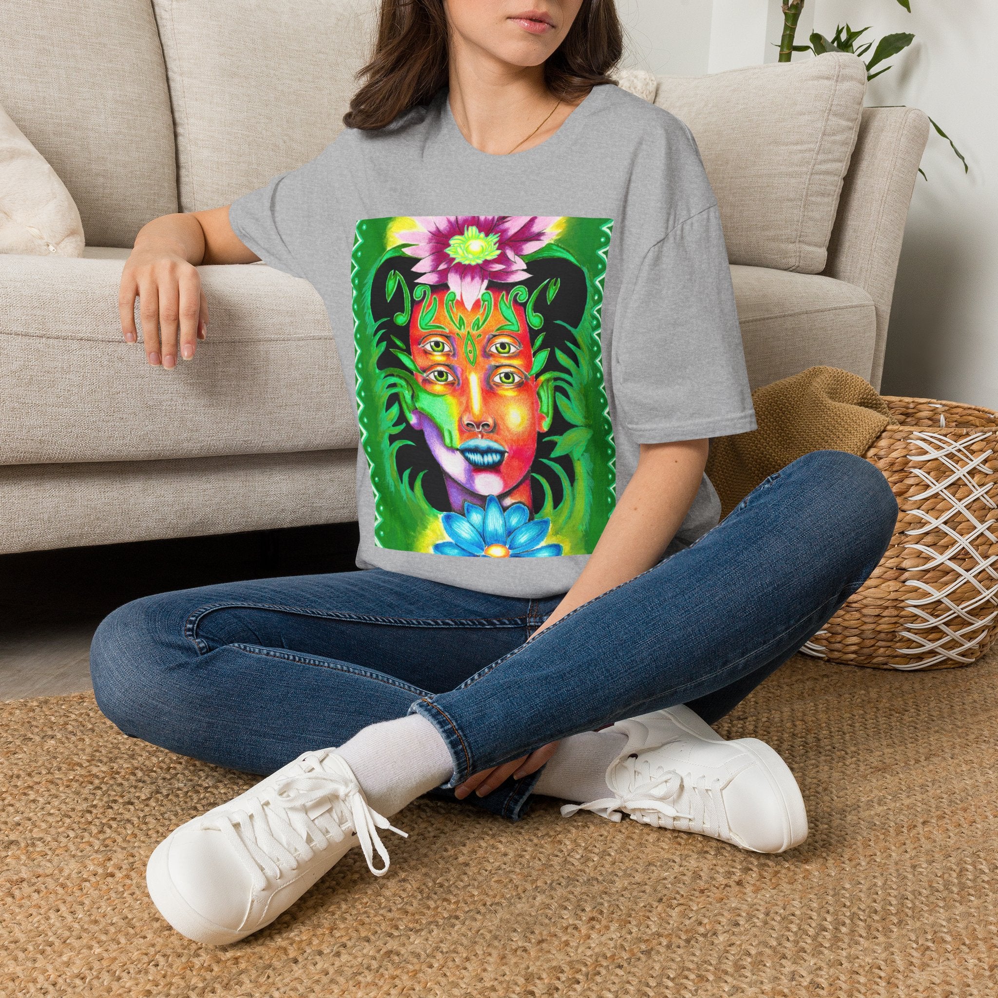 Psychedelic Floral Face T-Shirt — Vibrant Mystic Four-Eyes Design