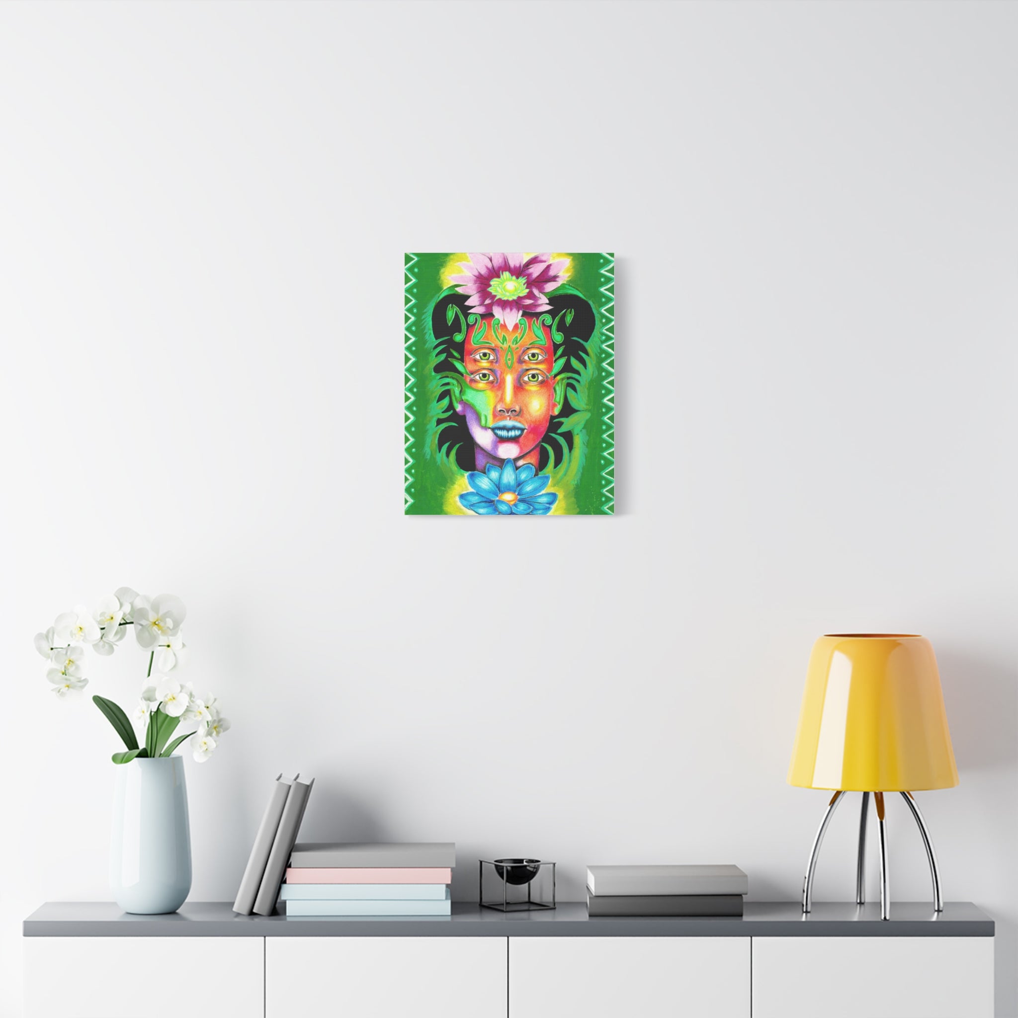 Psychedelic Four-Eyed Face Floral Canvas Art — Vibrant Surreal Wall Decor