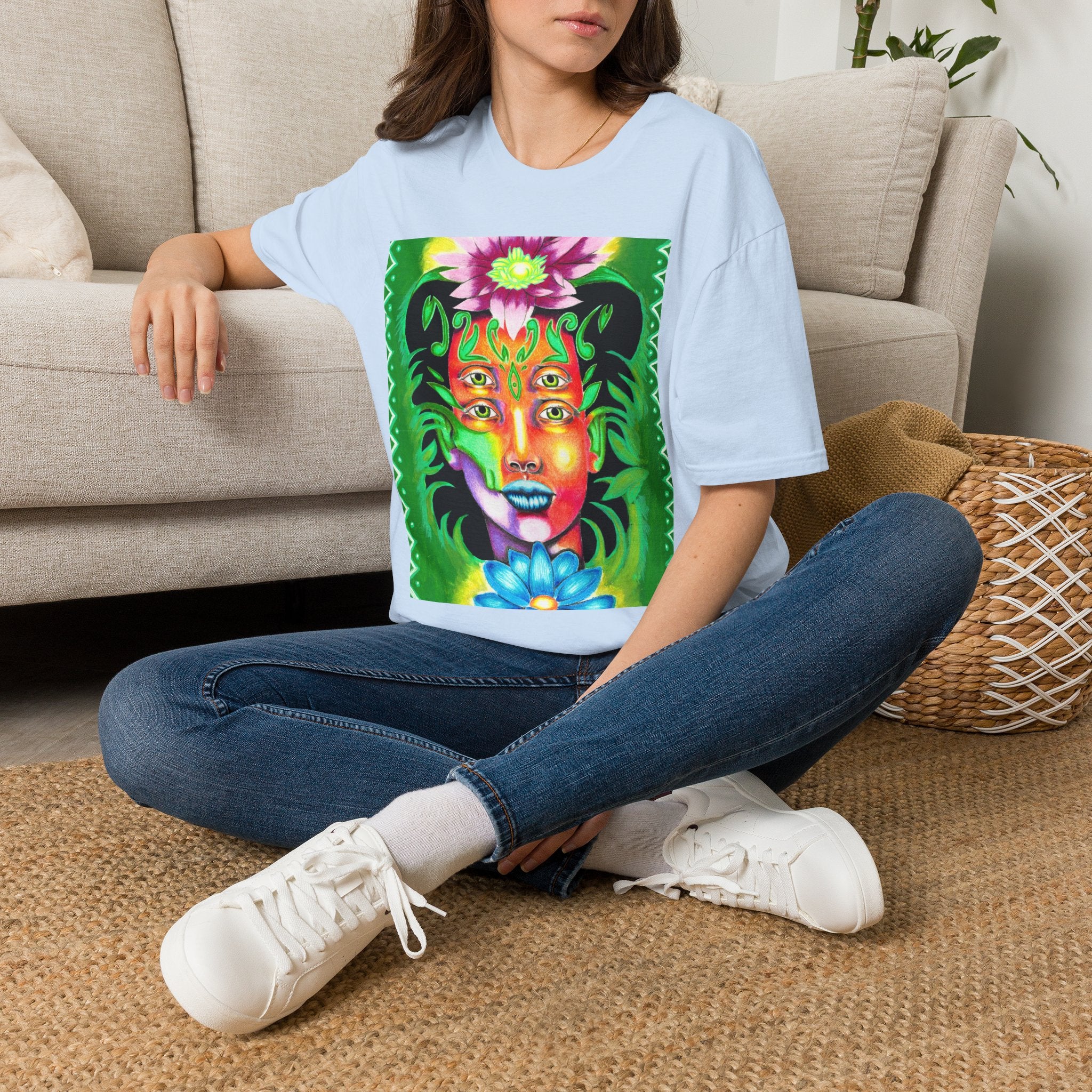 Psychedelic Floral Face T-Shirt — Vibrant Mystic Four-Eyes Design