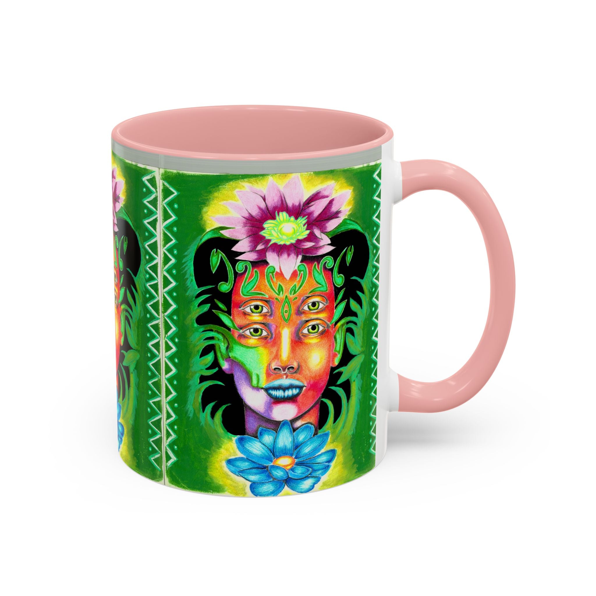 Psychedelic Floral Face Accent Coffee Mug — Colorful Spiritual Art 11/15oz