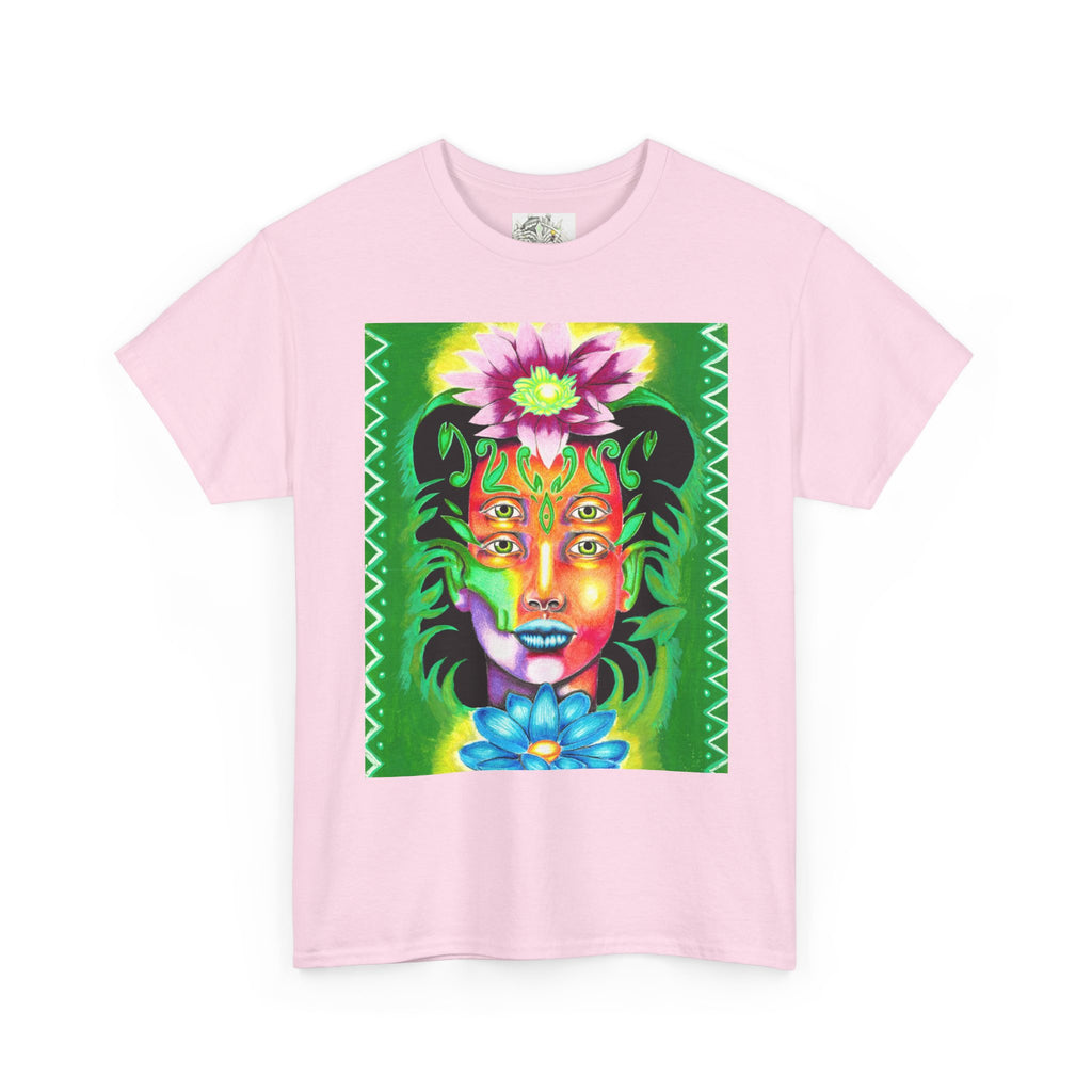 Psychedelic Floral Face Tee — Vibrant Neon Botanical Portrait T-Shirt
