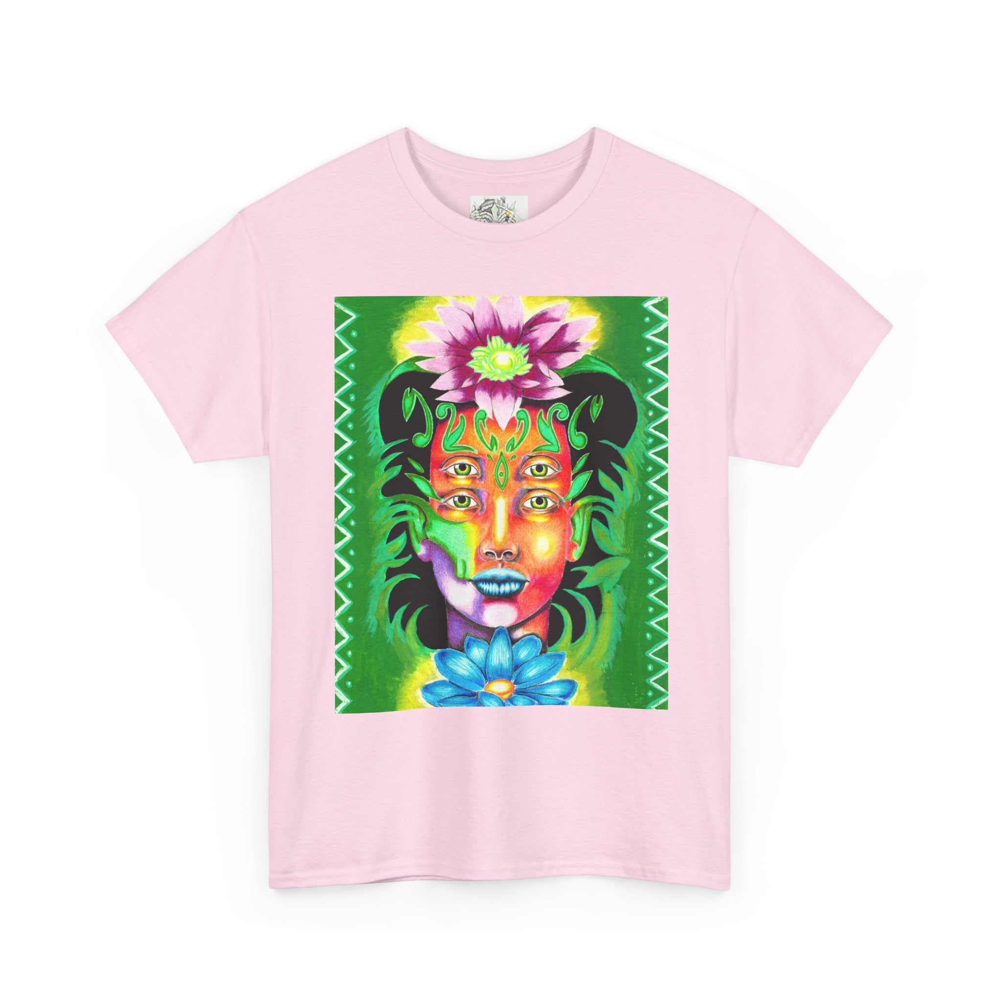 Psychedelic Floral Face Tee — Vibrant Neon Botanical Portrait T-Shirt