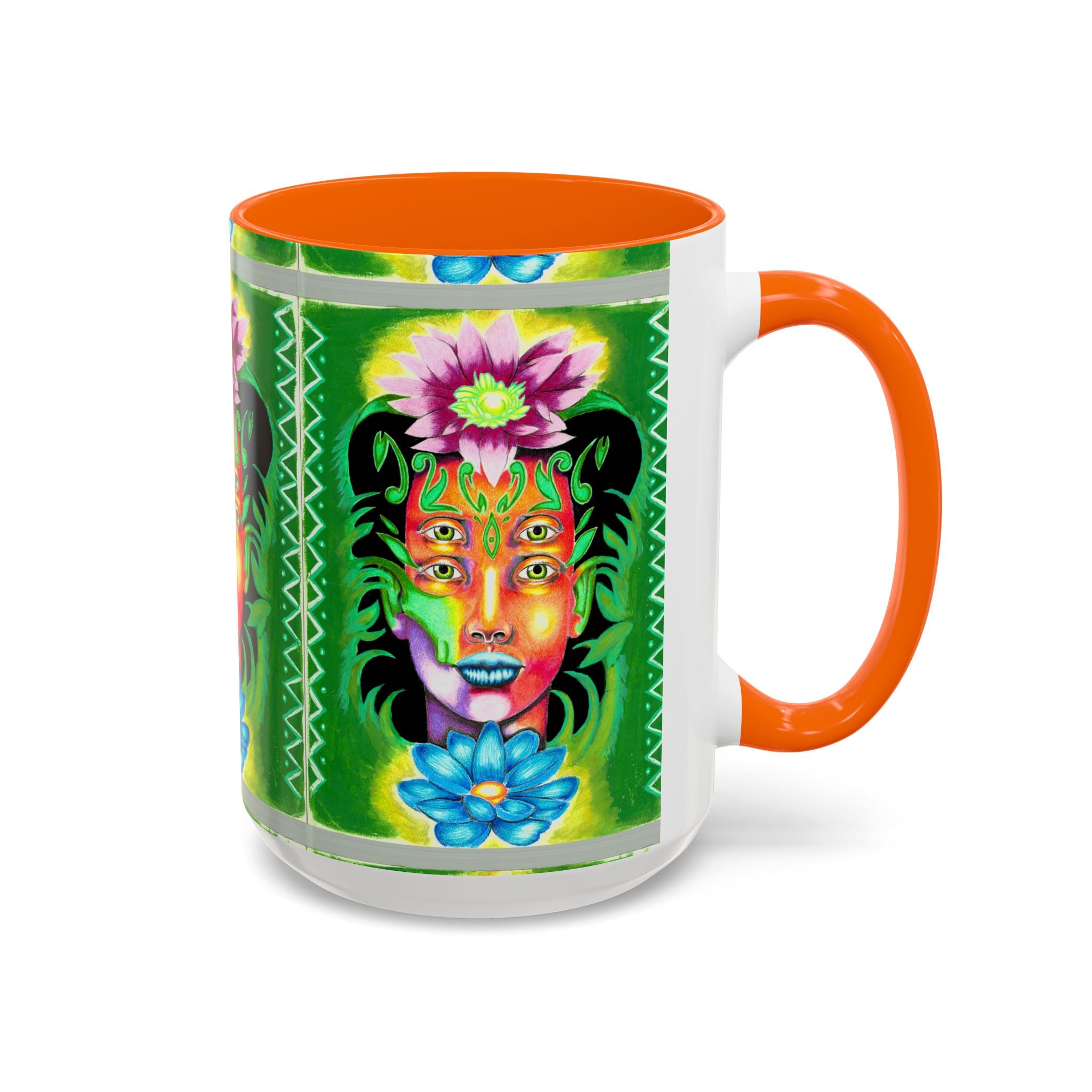 Psychedelic Floral Face Accent Coffee Mug — Colorful Spiritual Art 11/15oz