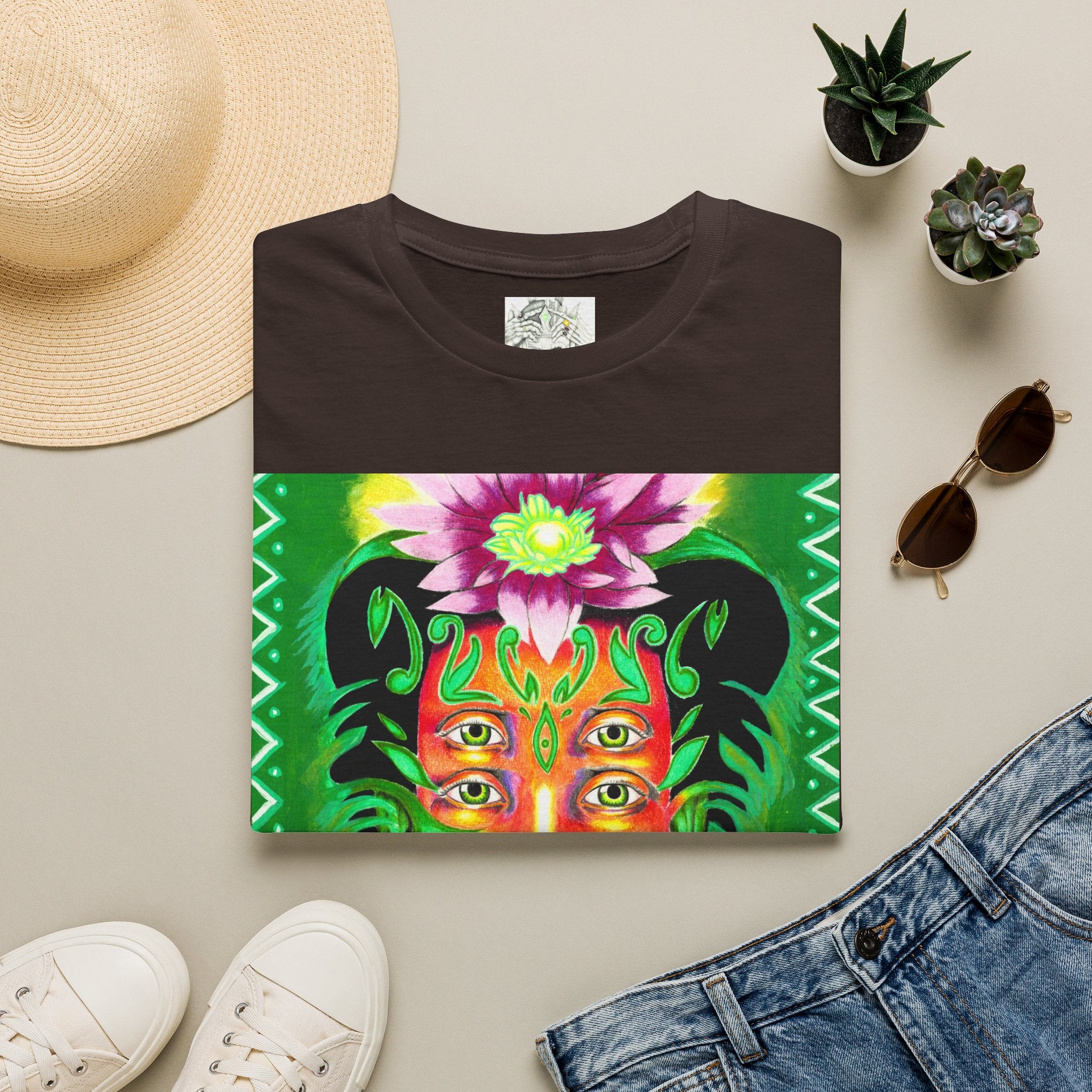 Psychedelic Floral Face T-Shirt — Vibrant Mystic Four-Eyes Design