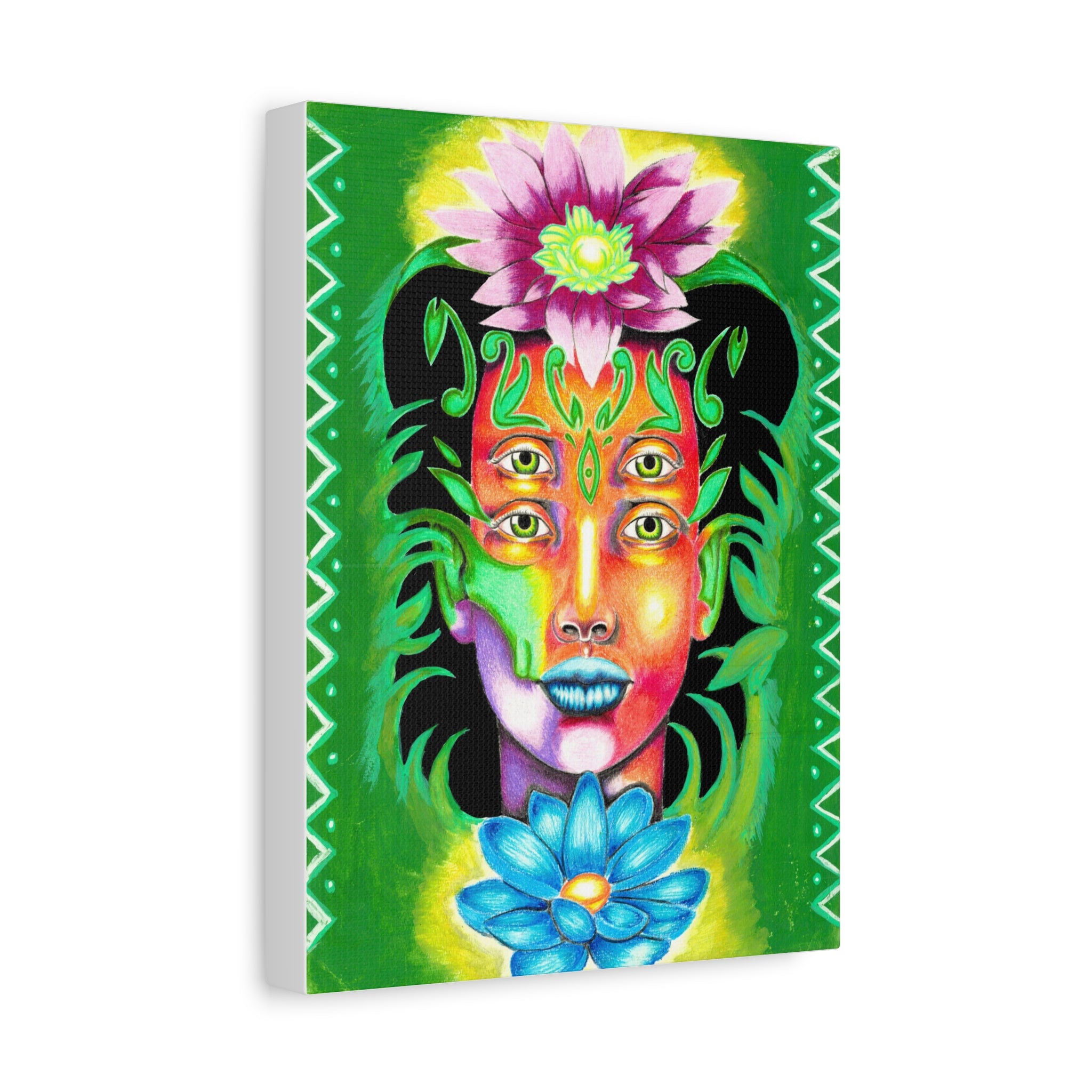 Psychedelic Four-Eyed Face Floral Canvas Art — Vibrant Surreal Wall Decor