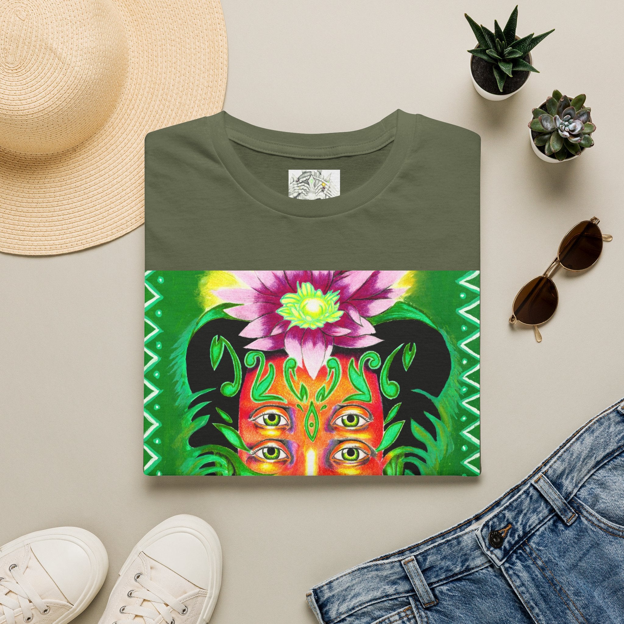 Psychedelic Floral Face T-Shirt — Vibrant Mystic Four-Eyes Design