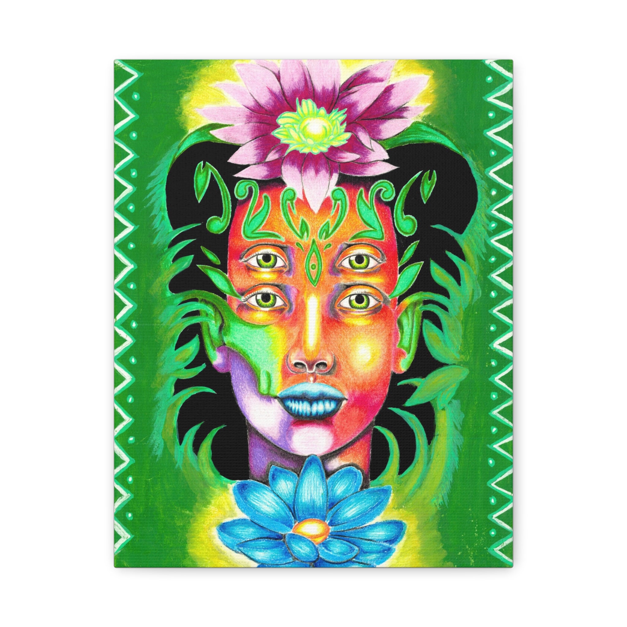 Psychedelic Four-Eyed Face Floral Canvas Art — Vibrant Surreal Wall Decor
