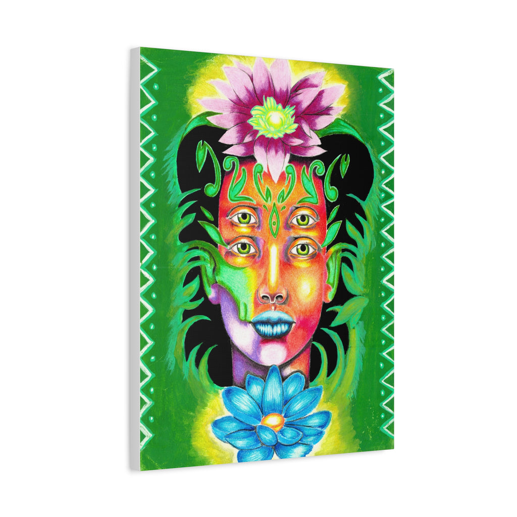 Psychedelic Four-Eyed Face Floral Canvas Art — Vibrant Surreal Wall Decor