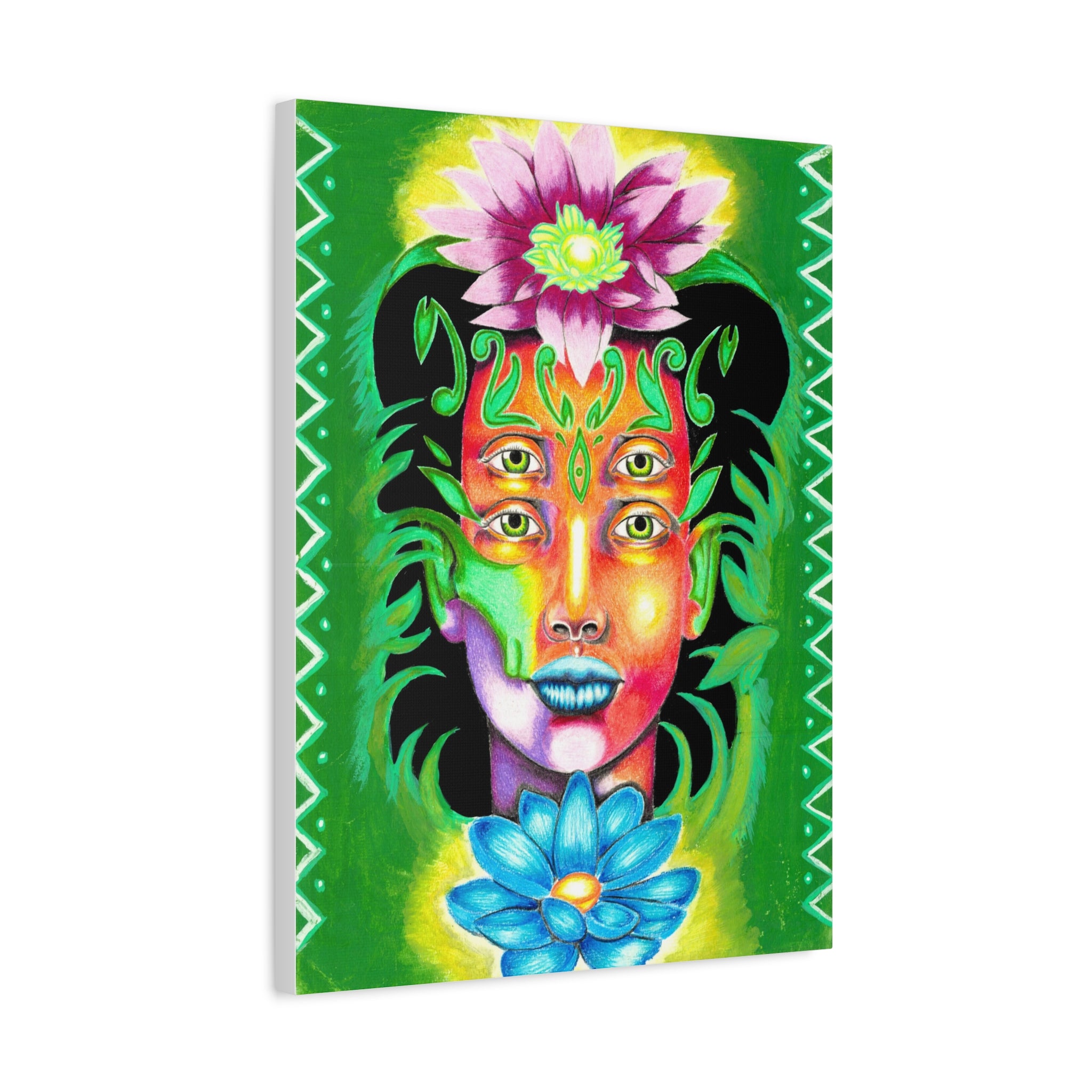 Psychedelic Four-Eyed Face Floral Canvas Art — Vibrant Surreal Wall Decor