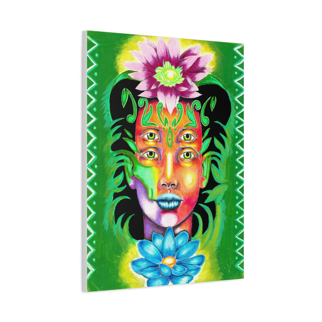 Psychedelic Four-Eyed Face Floral Canvas Art — Vibrant Surreal Wall Decor