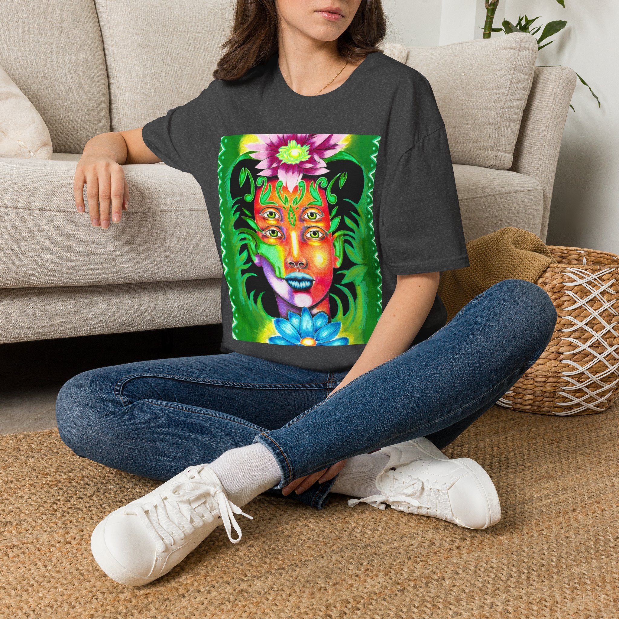 Psychedelic Floral Face T-Shirt — Vibrant Mystic Four-Eyes Design