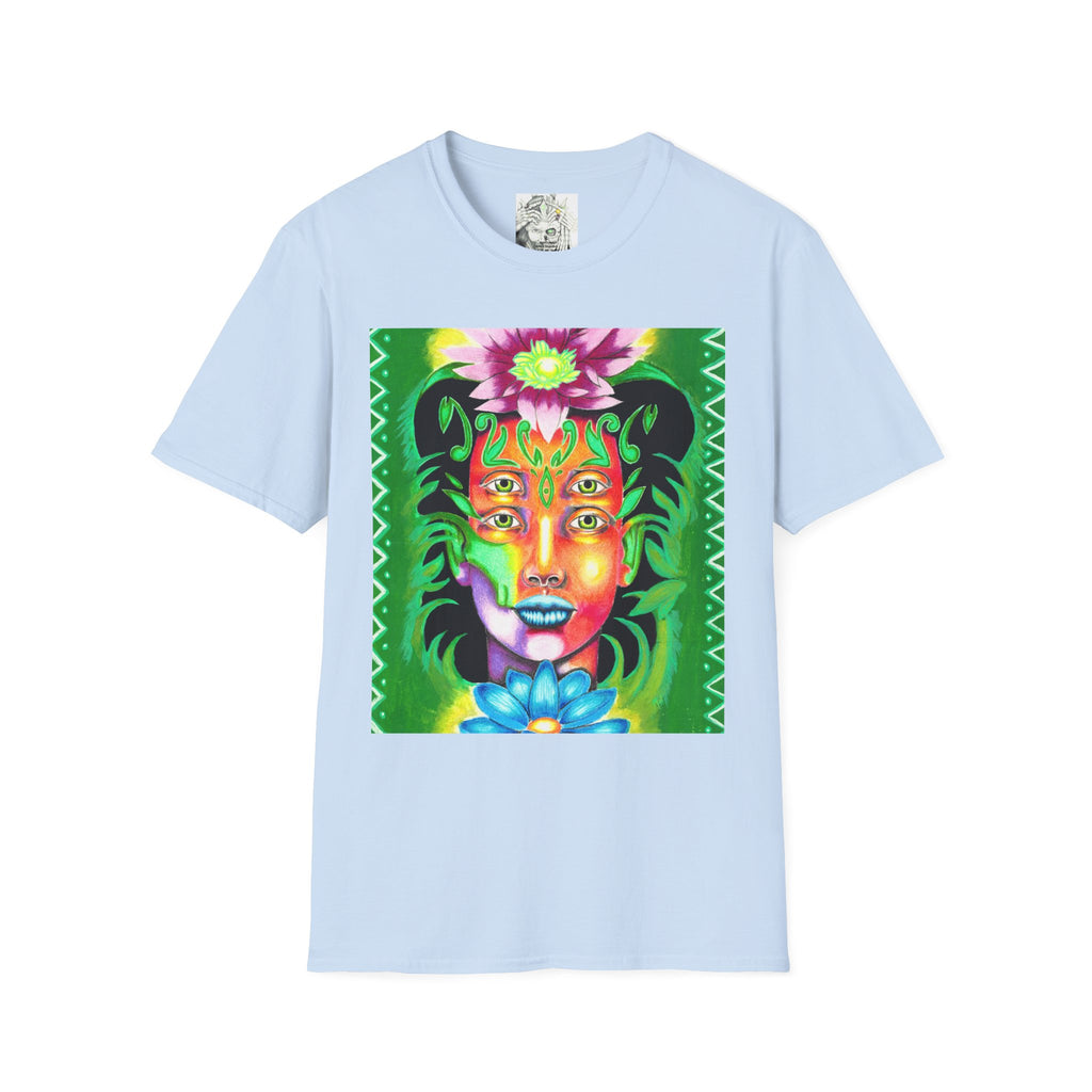 Psychedelic Floral Face T-Shirt — Vibrant Mystic Four-Eyes Design