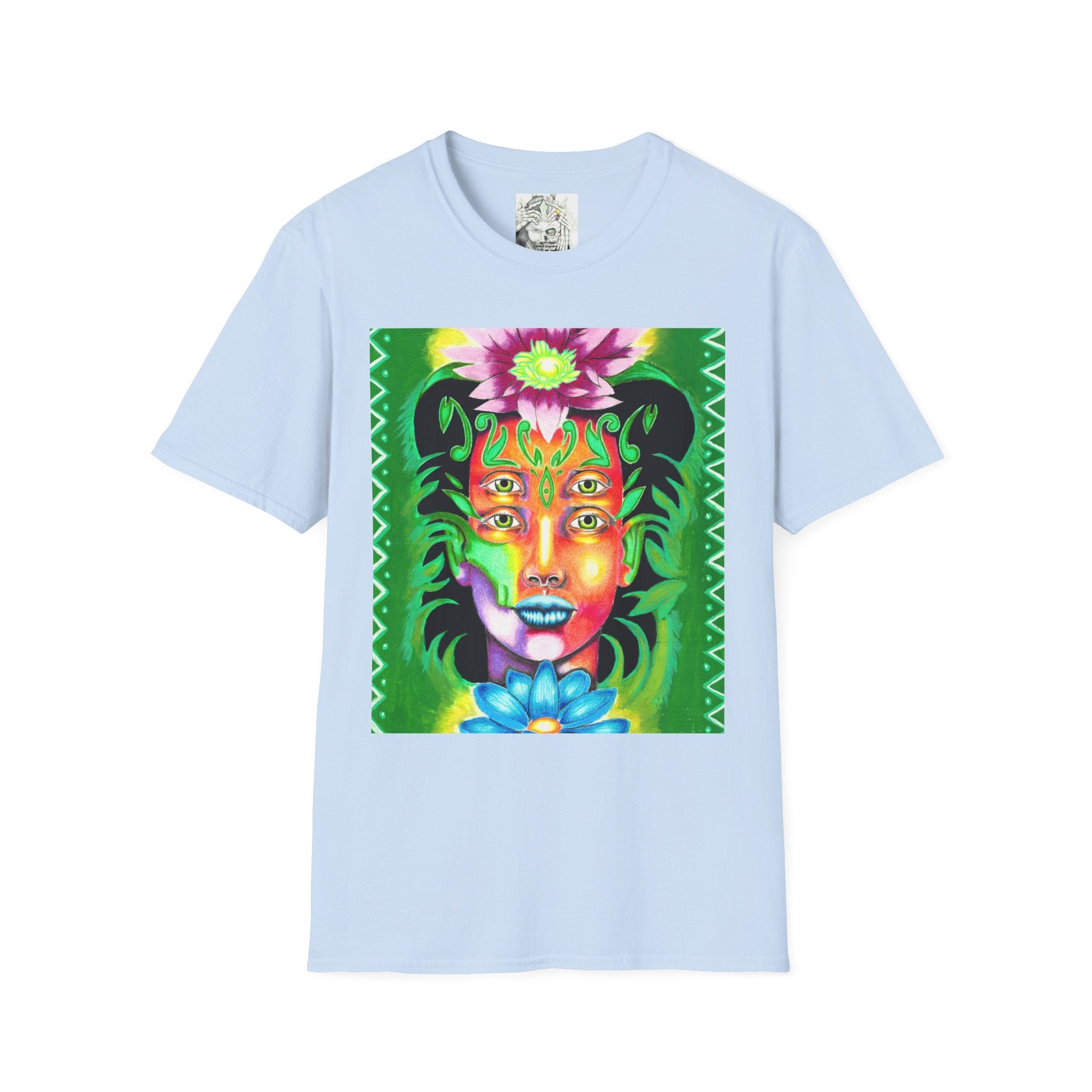 Psychedelic Floral Face T-Shirt — Vibrant Mystic Four-Eyes Design