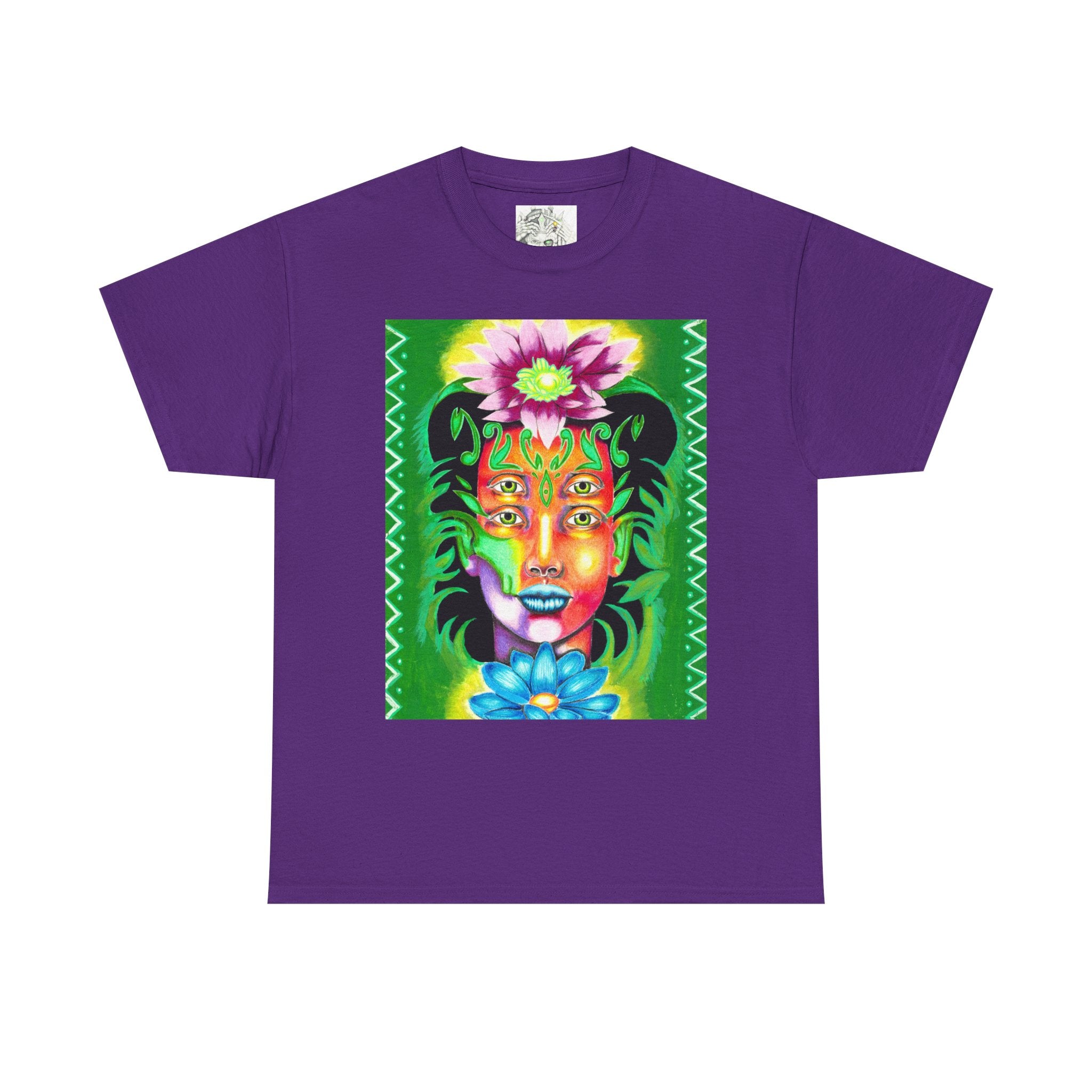 Psychedelic Floral Face Tee — Vibrant Neon Botanical Portrait T-Shirt