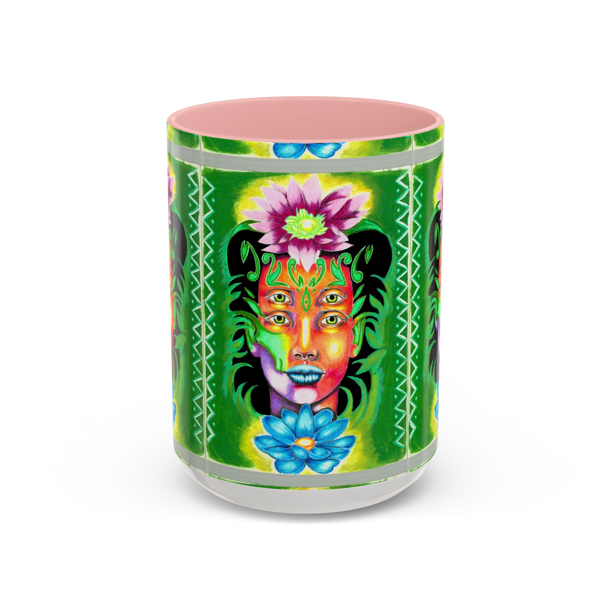 Psychedelic Floral Face Accent Coffee Mug — Colorful Spiritual Art 11/15oz