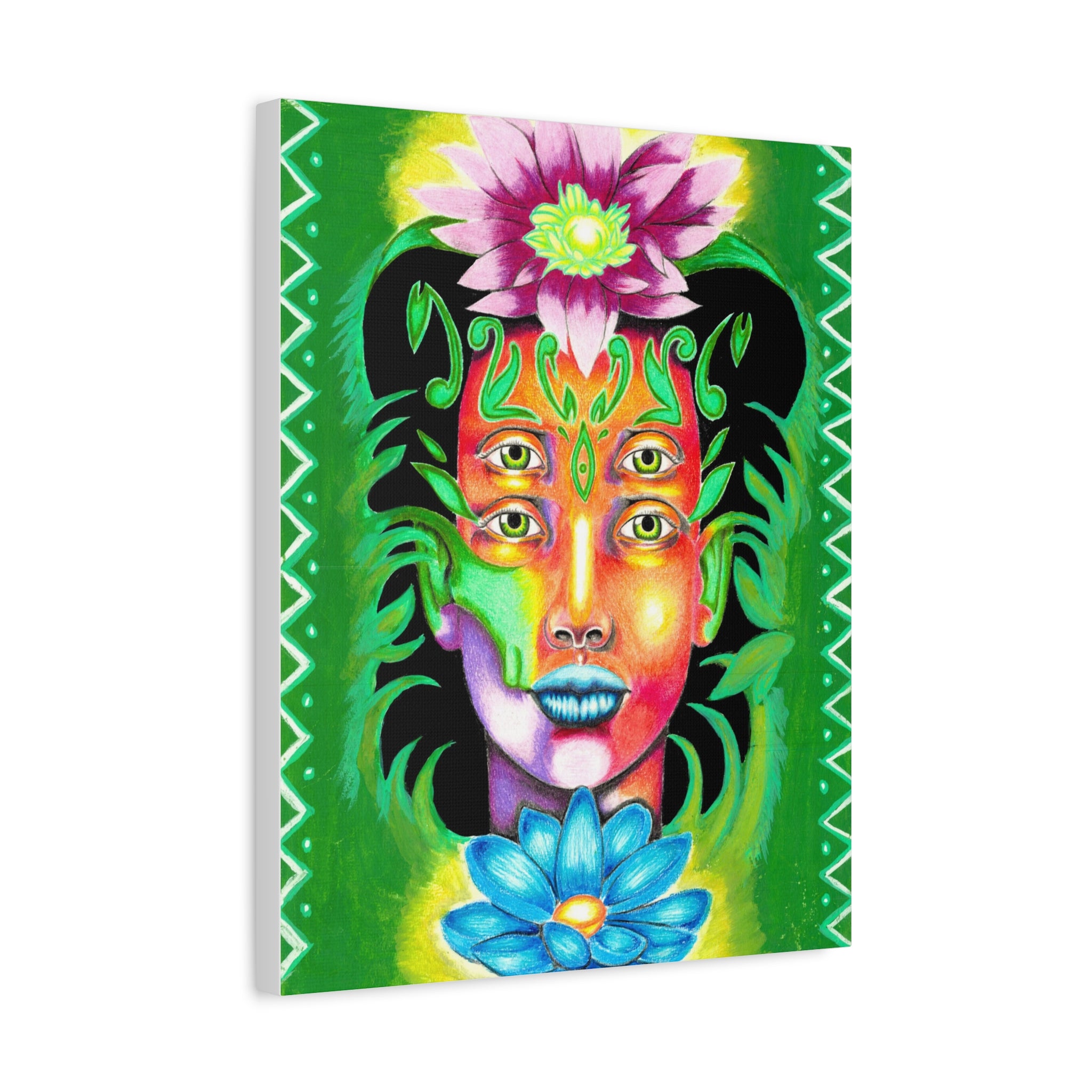 Psychedelic Four-Eyed Face Floral Canvas Art — Vibrant Surreal Wall Decor