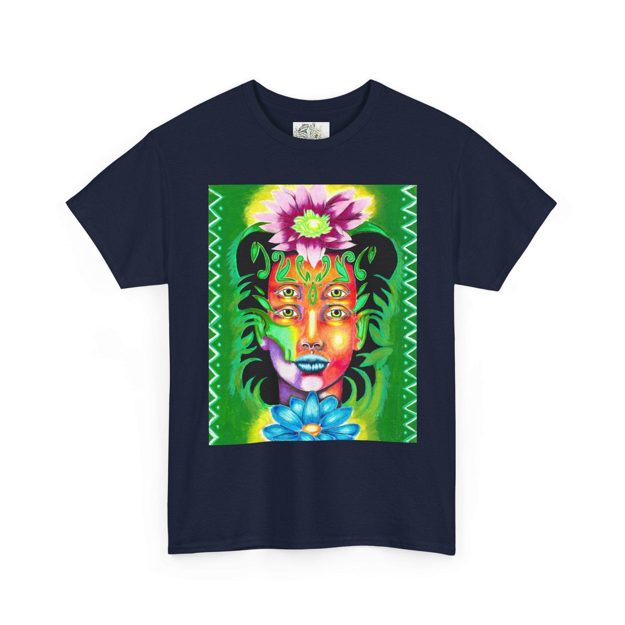 Psychedelic Floral Face Tee — Vibrant Neon Botanical Portrait T-Shirt