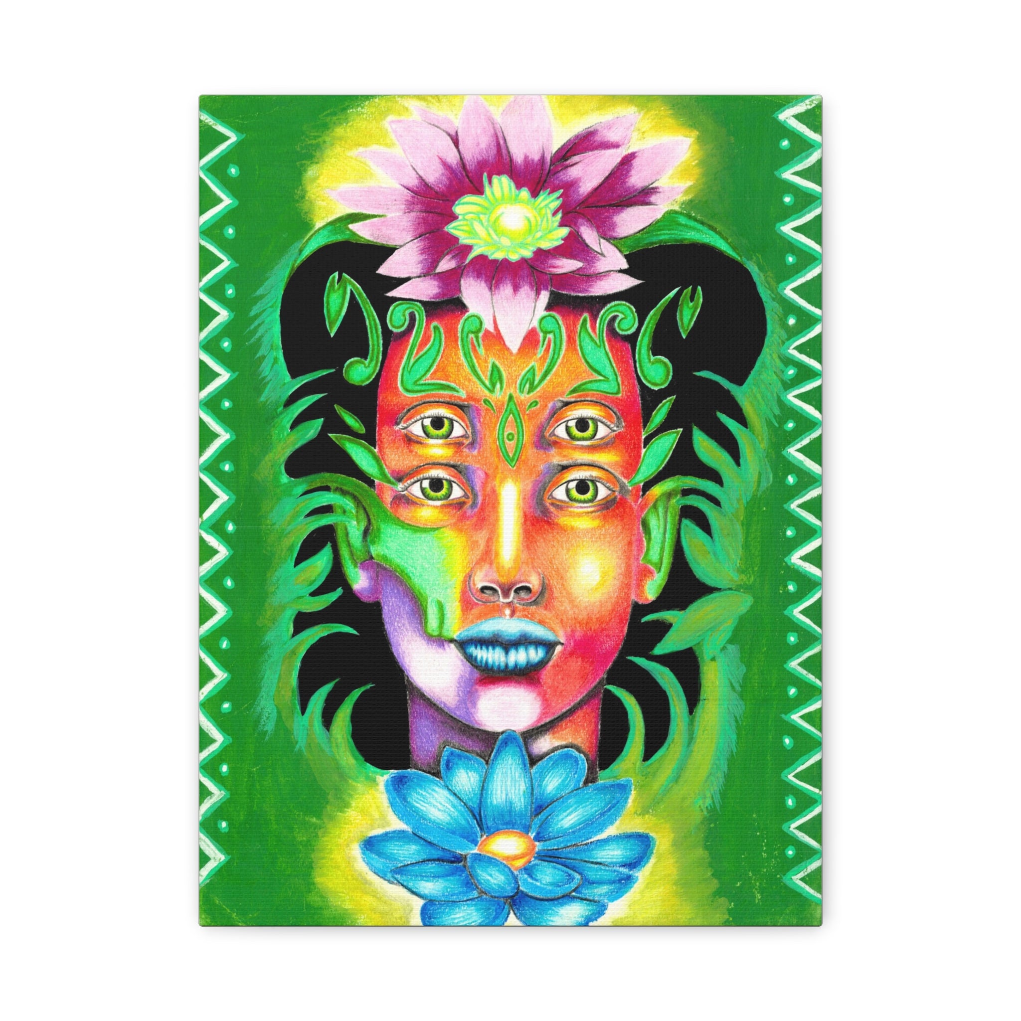 Psychedelic Four-Eyed Face Floral Canvas Art — Vibrant Surreal Wall Decor