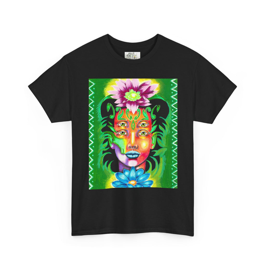Psychedelic Floral Face Tee — Vibrant Neon Botanical Portrait T-Shirt