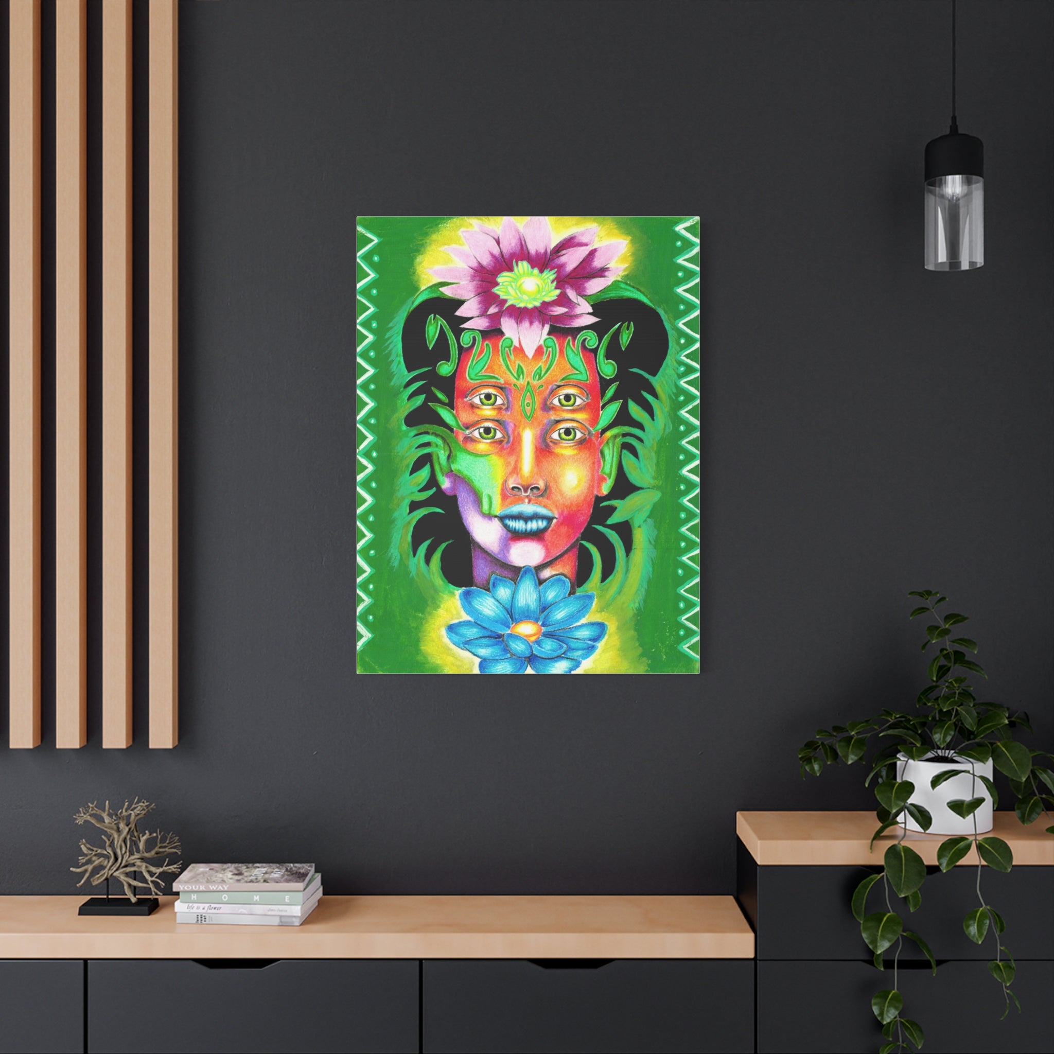 Psychedelic Four-Eyed Face Floral Canvas Art — Vibrant Surreal Wall Decor