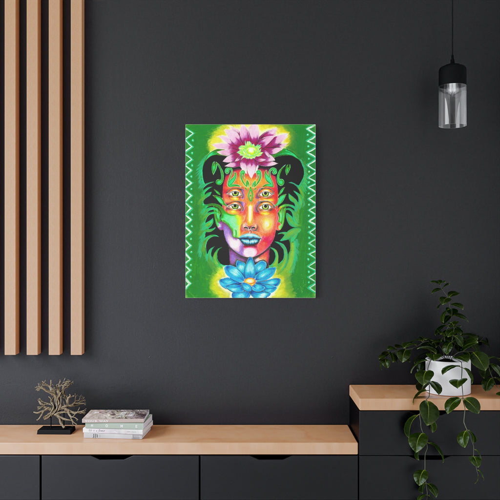 Psychedelic Four-Eyed Face Floral Canvas Art — Vibrant Surreal Wall Decor