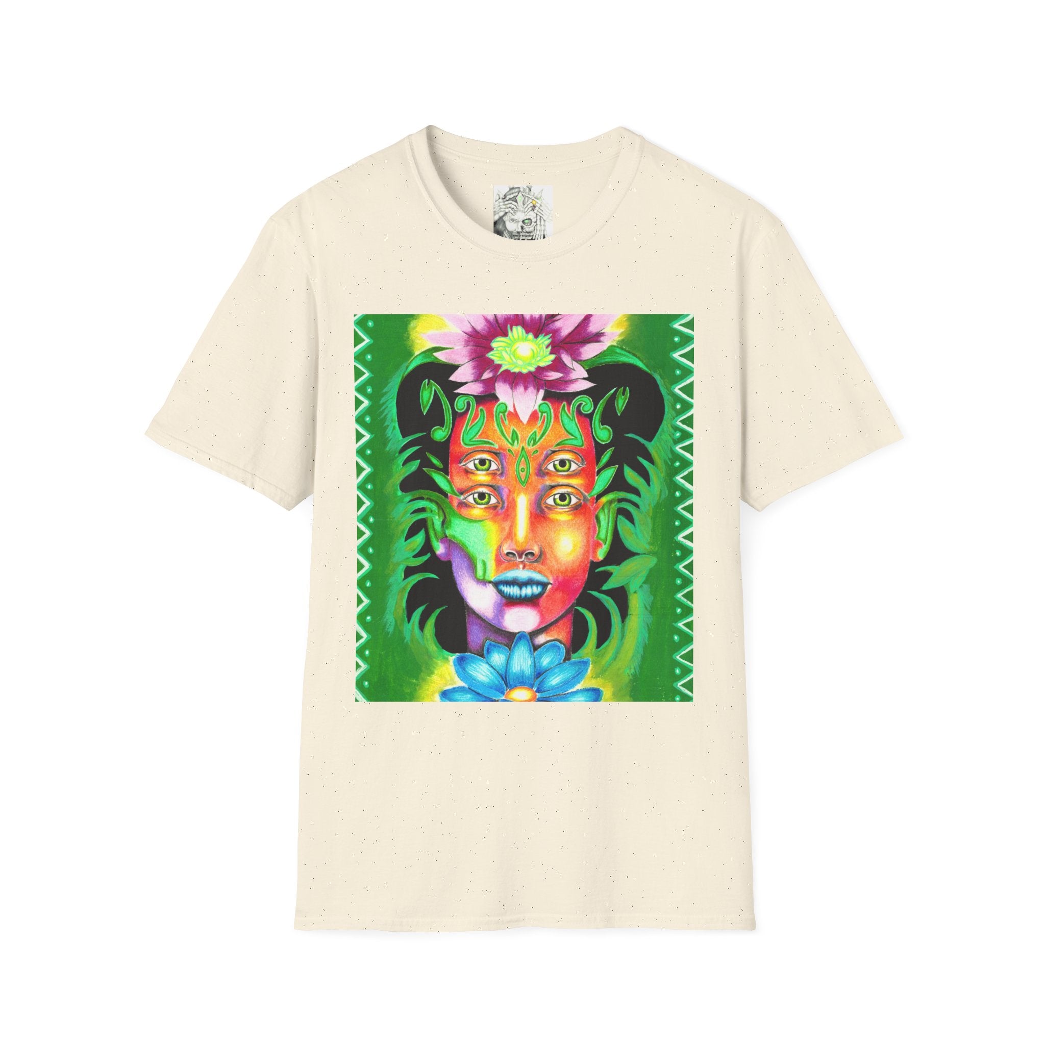 Psychedelic Floral Face T-Shirt — Vibrant Mystic Four-Eyes Design