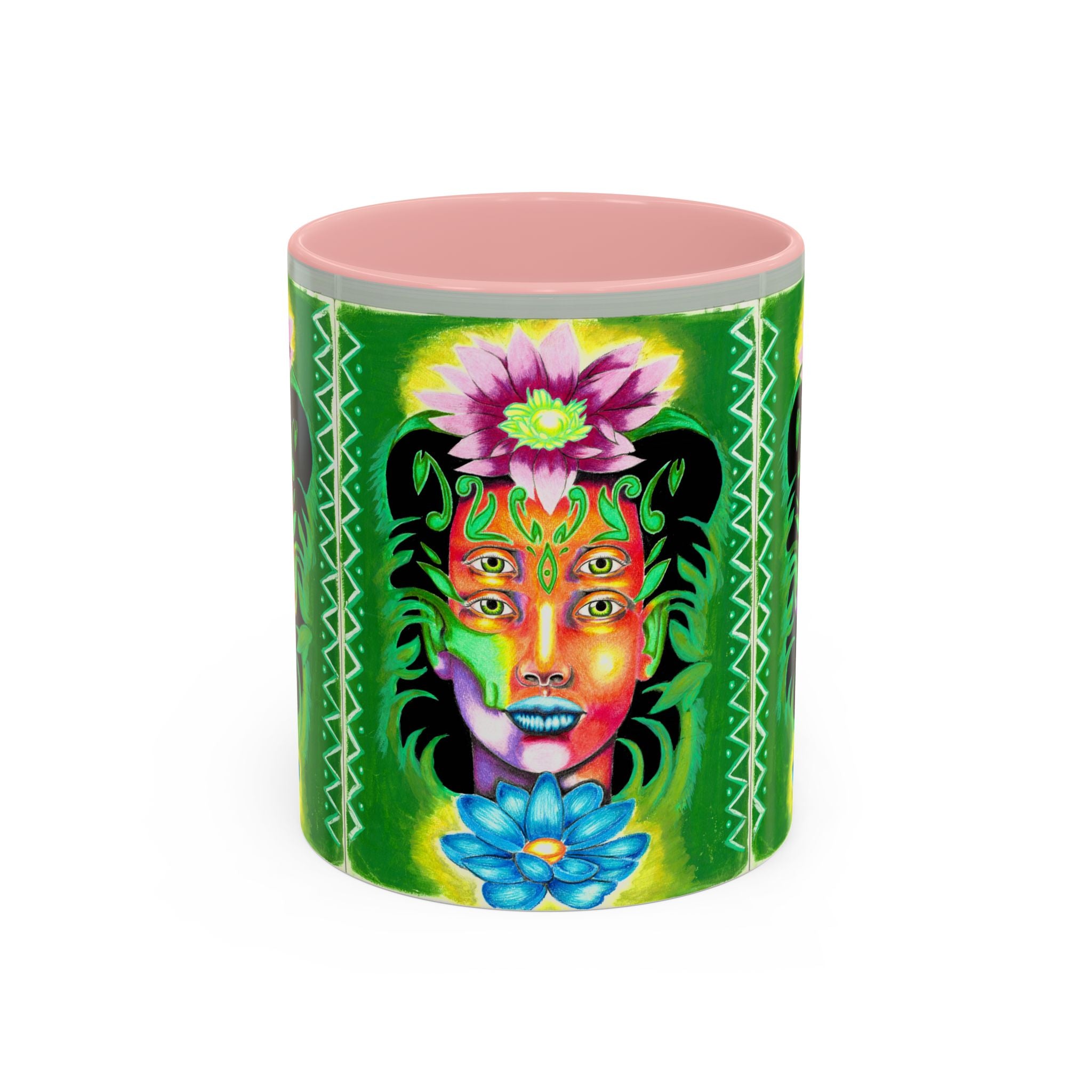 Psychedelic Floral Face Accent Coffee Mug — Colorful Spiritual Art 11/15oz