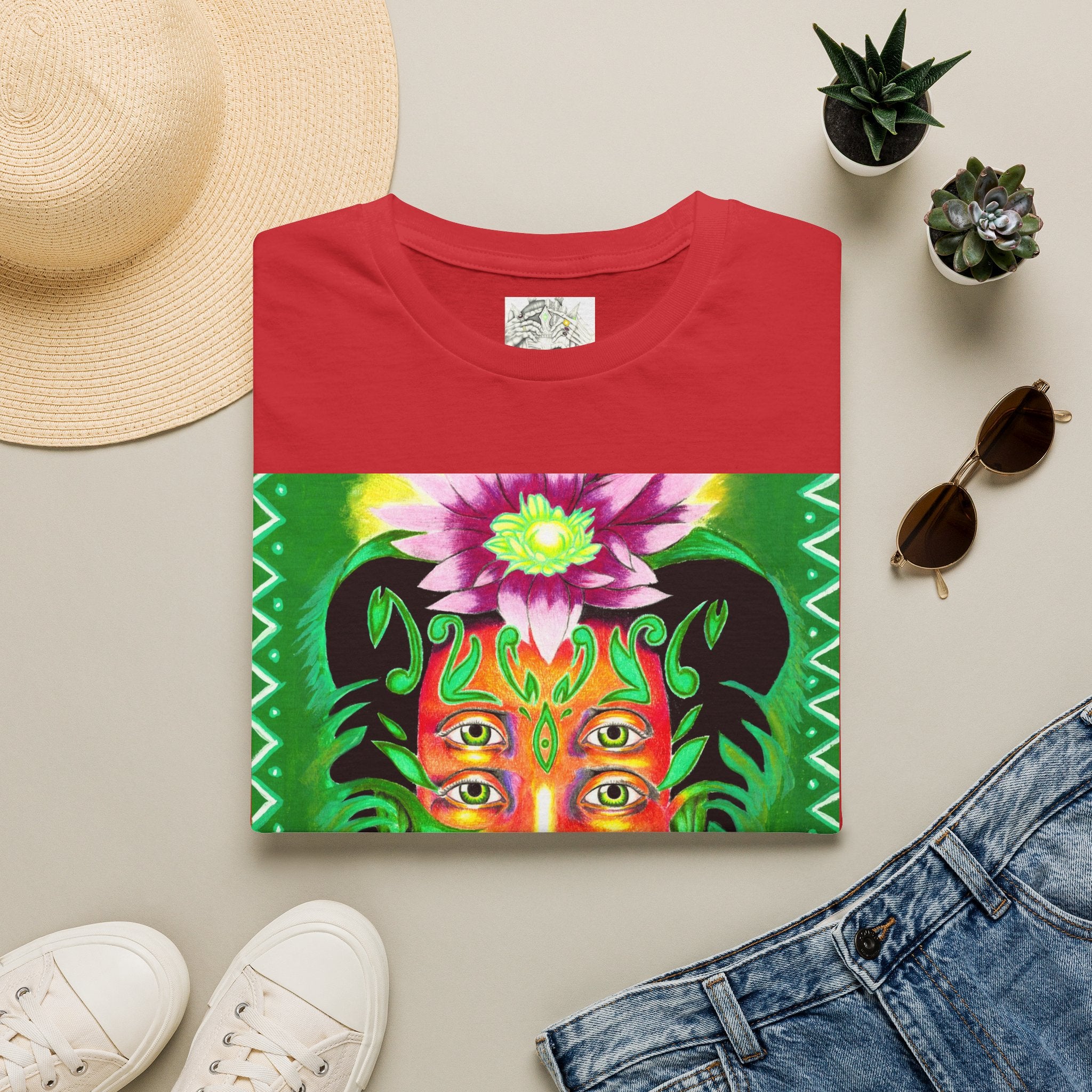 Psychedelic Floral Face T-Shirt — Vibrant Mystic Four-Eyes Design