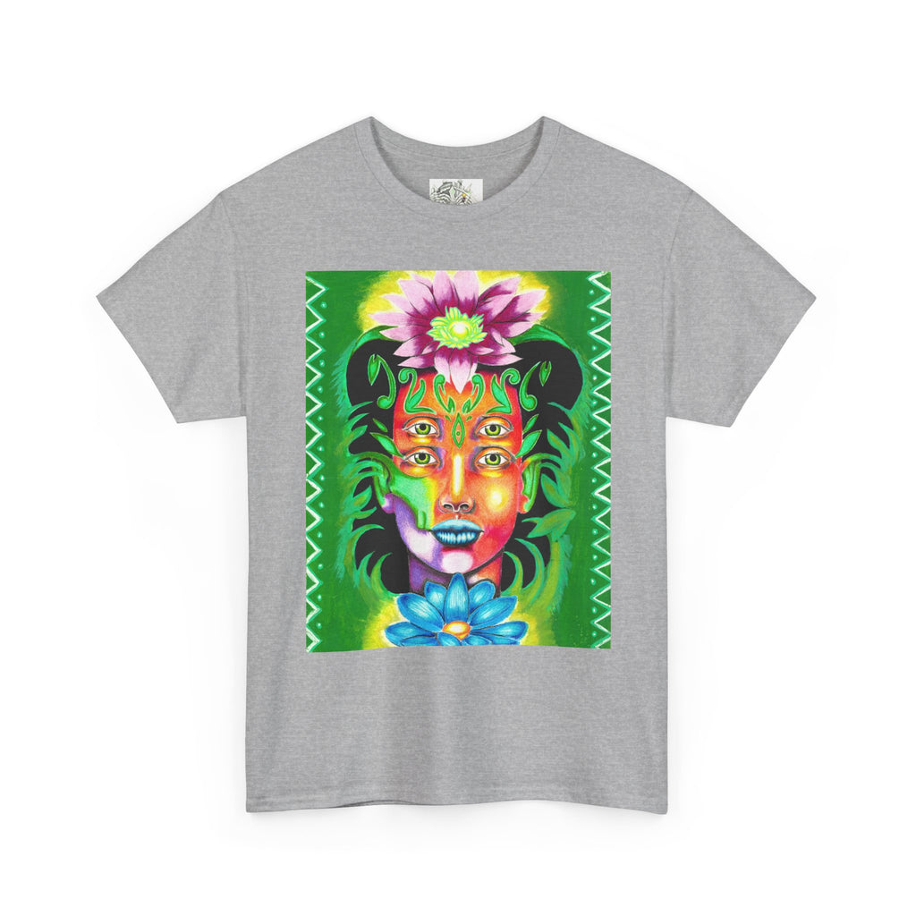 Psychedelic Floral Face Tee — Vibrant Neon Botanical Portrait T-Shirt