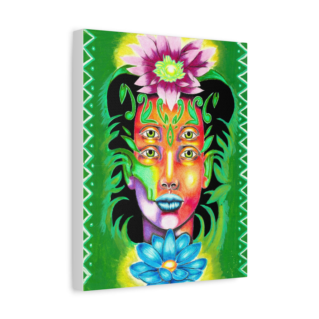 Psychedelic Four-Eyed Face Floral Canvas Art — Vibrant Surreal Wall Decor