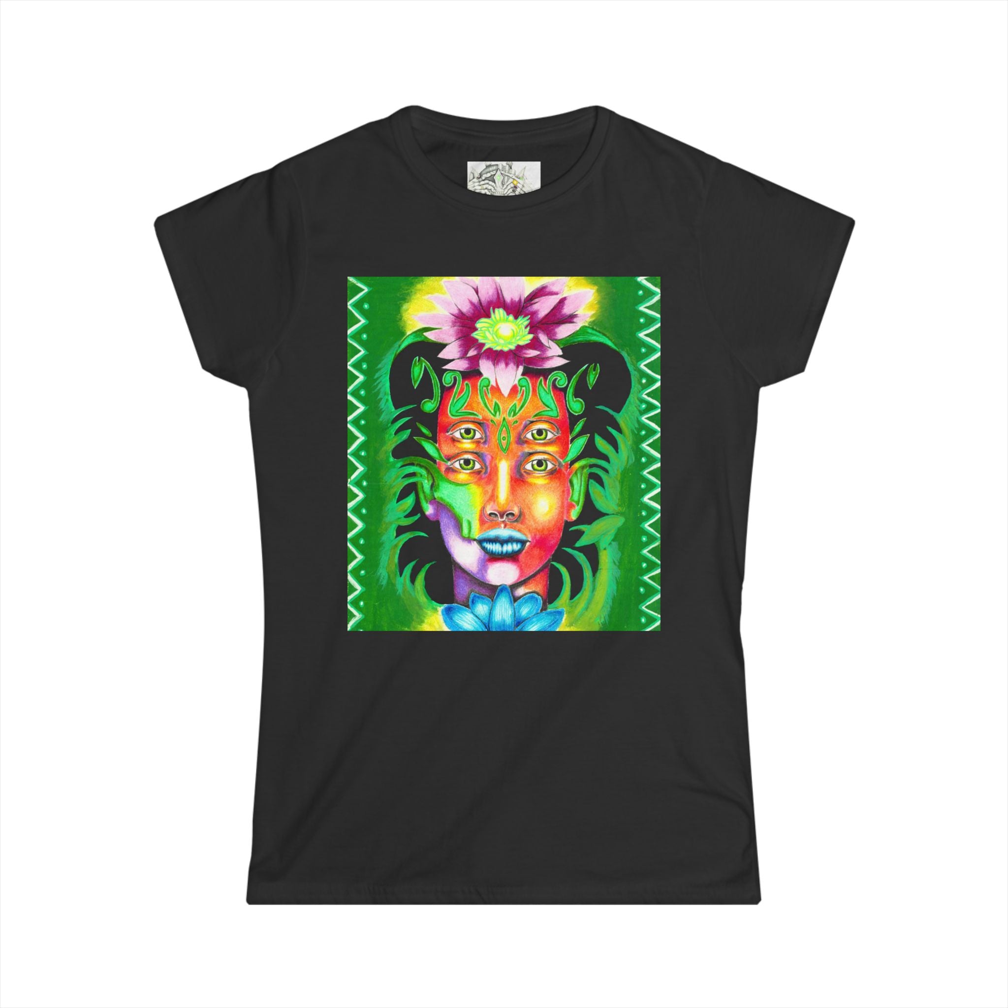 Psychedelic Floral Face Tee — Colorful Botanical Portrait Women's T-Shirt
