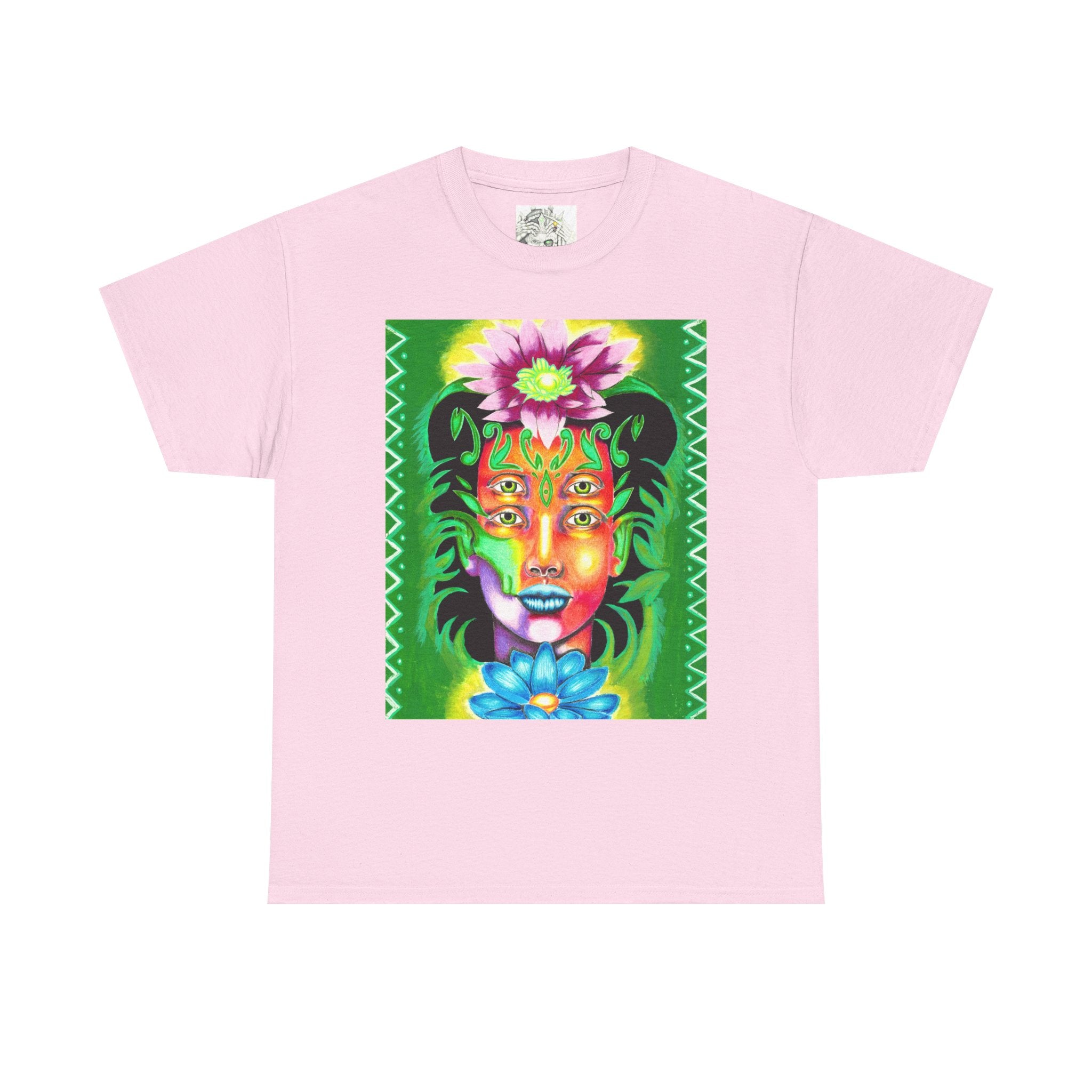 Psychedelic Floral Face Tee — Vibrant Neon Botanical Portrait T-Shirt