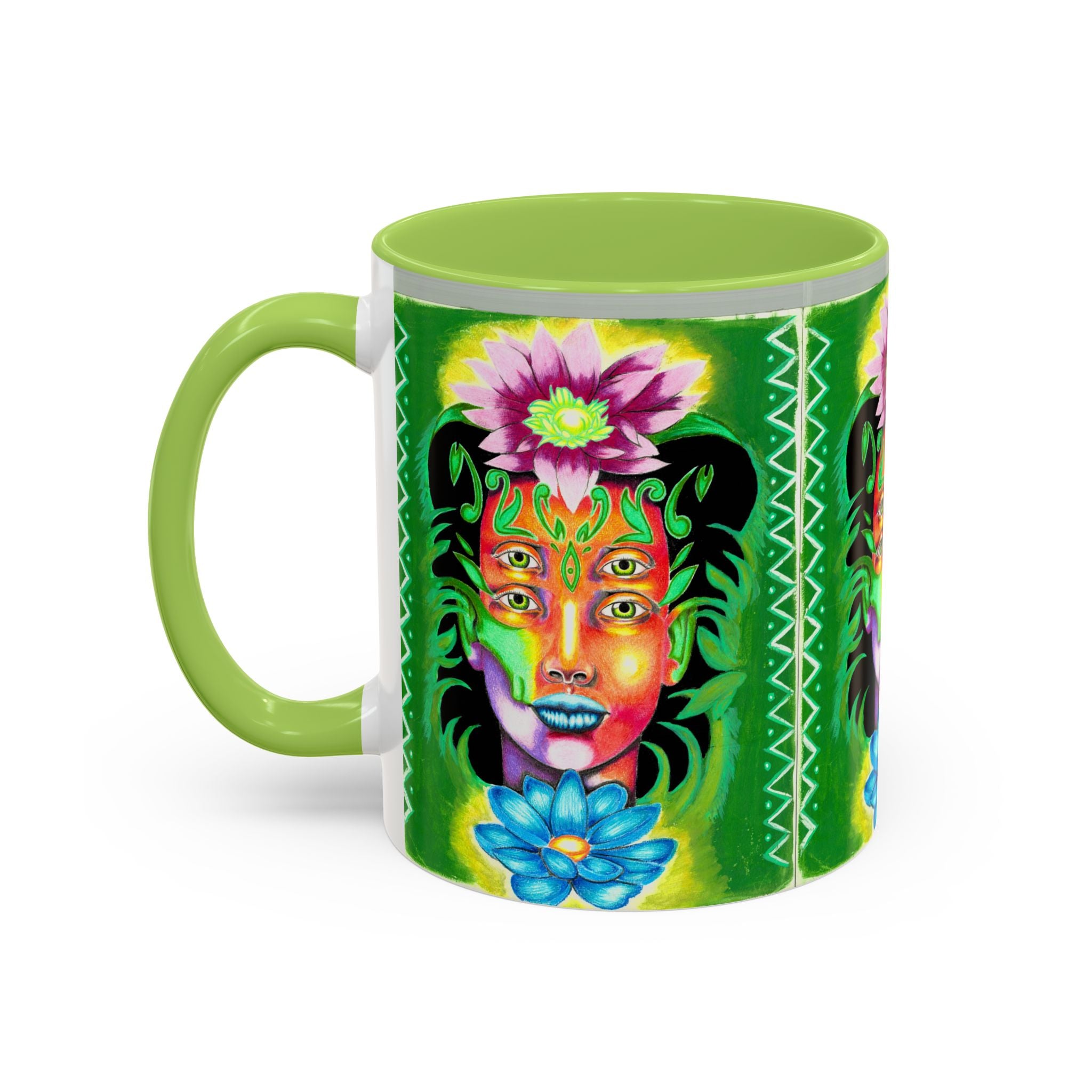 Psychedelic Floral Face Accent Coffee Mug — Colorful Spiritual Art 11/15oz