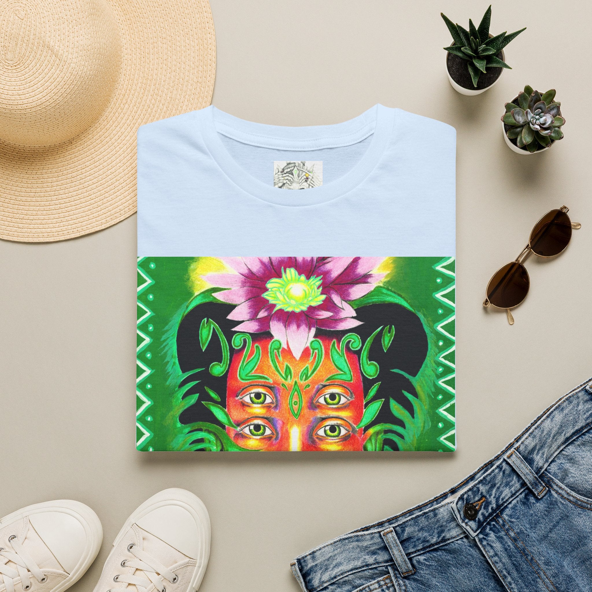 Psychedelic Floral Face T-Shirt — Vibrant Mystic Four-Eyes Design
