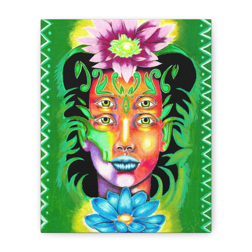Psychedelic Four-Eyed Face Floral Canvas Art — Vibrant Surreal Wall Decor