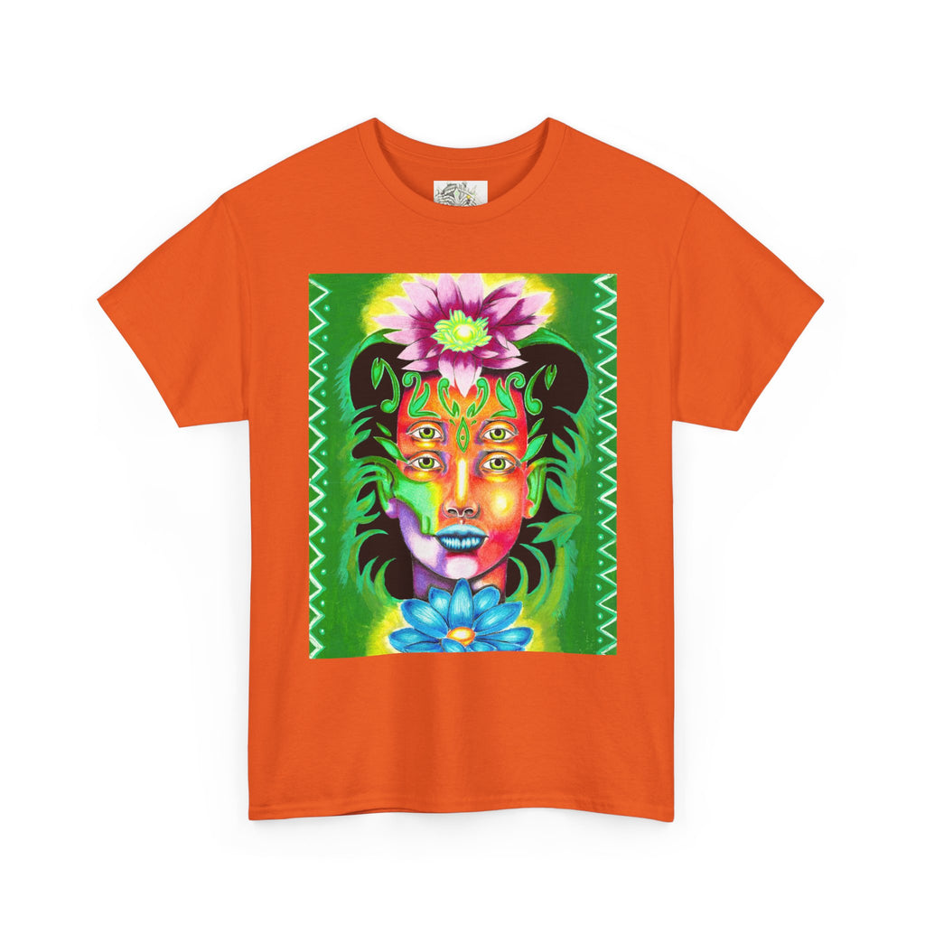 Psychedelic Floral Face Tee — Vibrant Neon Botanical Portrait T-Shirt