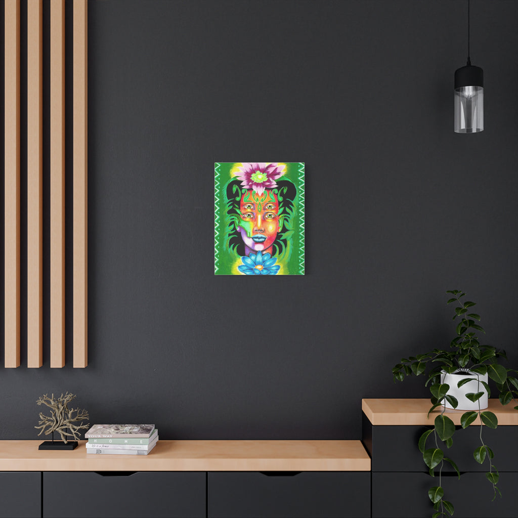 Psychedelic Four-Eyed Face Floral Canvas Art — Vibrant Surreal Wall Decor