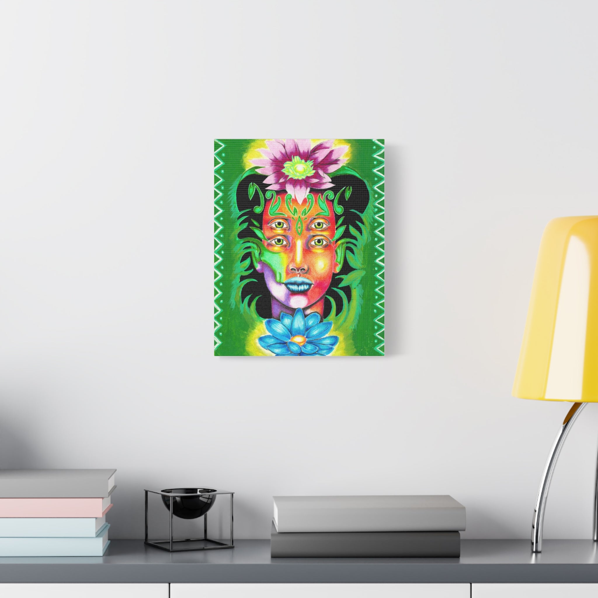 Psychedelic Four-Eyed Face Floral Canvas Art — Vibrant Surreal Wall Decor