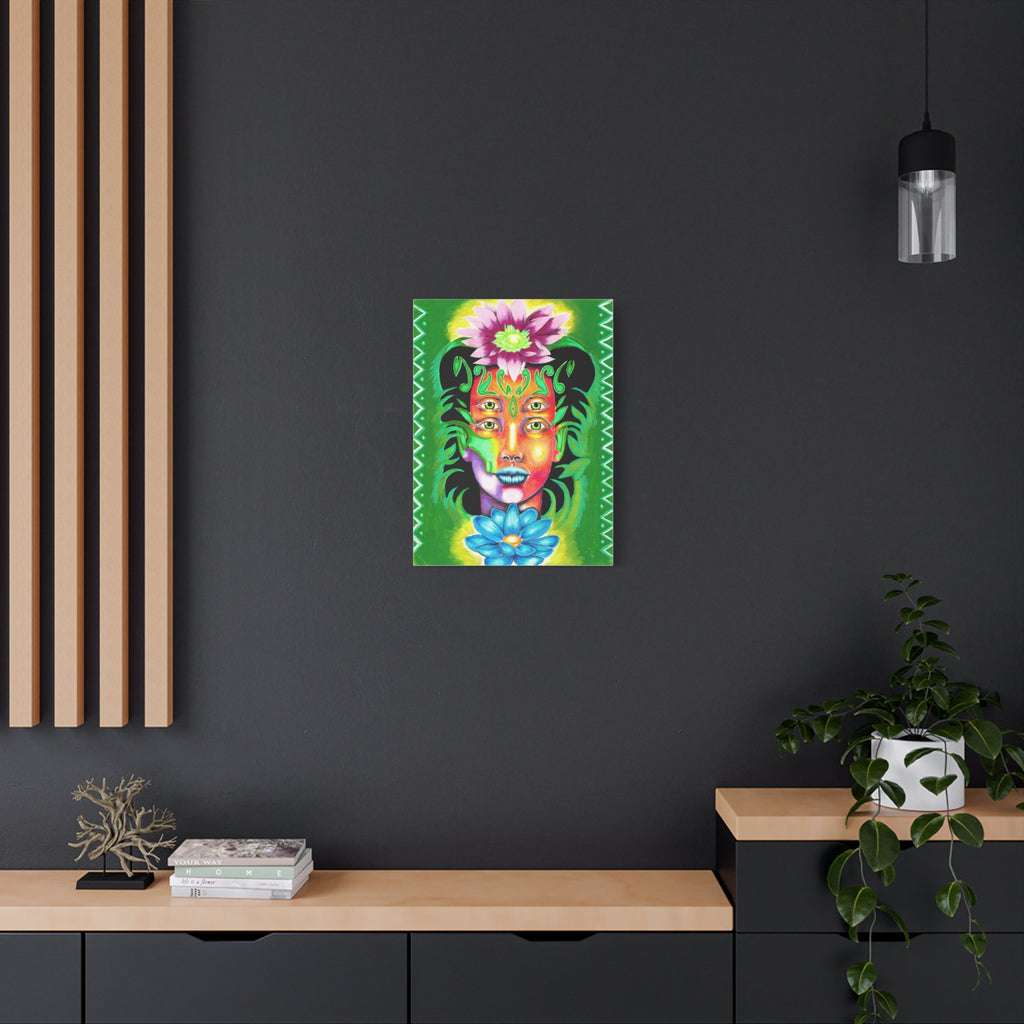 Psychedelic Four-Eyed Face Floral Canvas Art — Vibrant Surreal Wall Decor