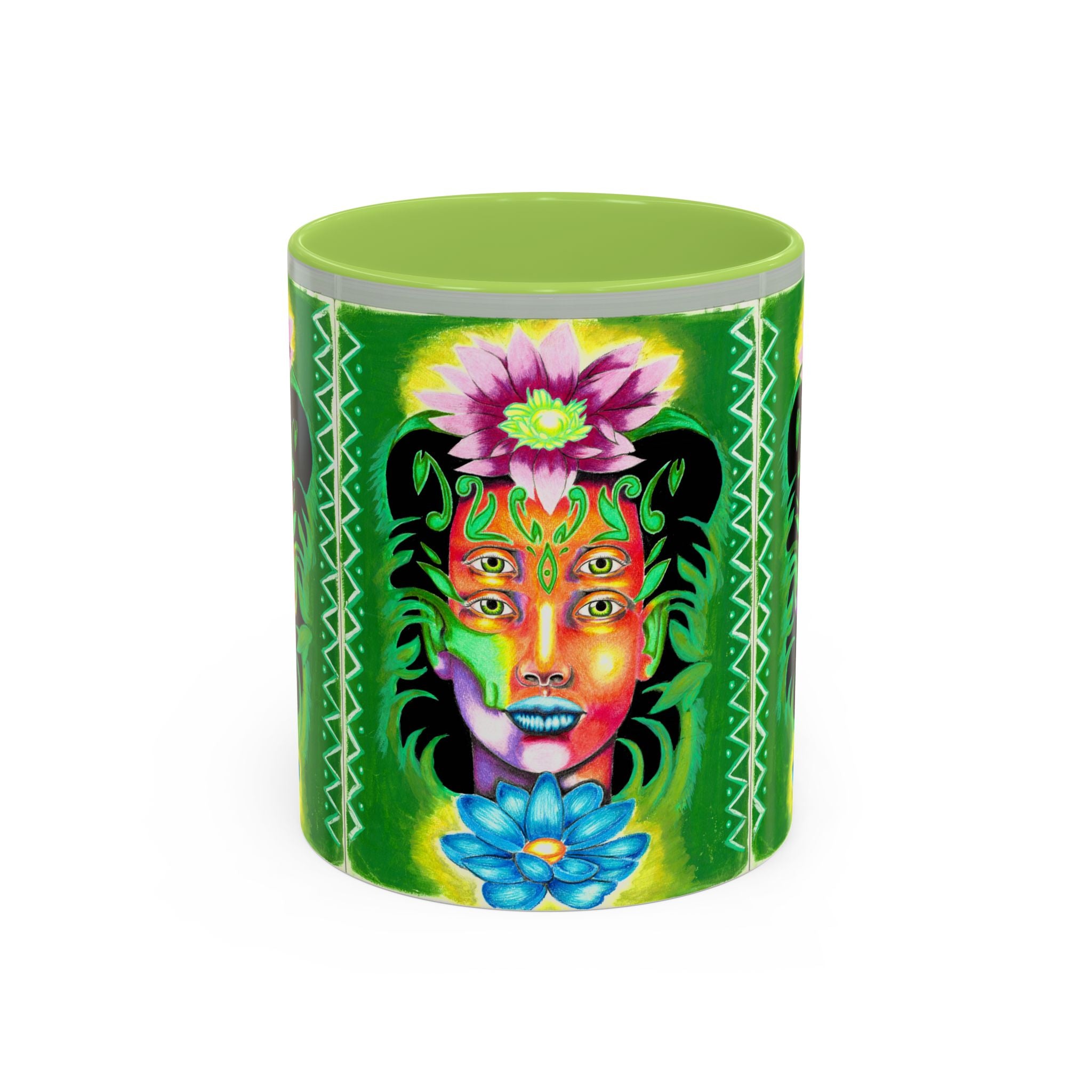 Psychedelic Floral Face Accent Coffee Mug — Colorful Spiritual Art 11/15oz
